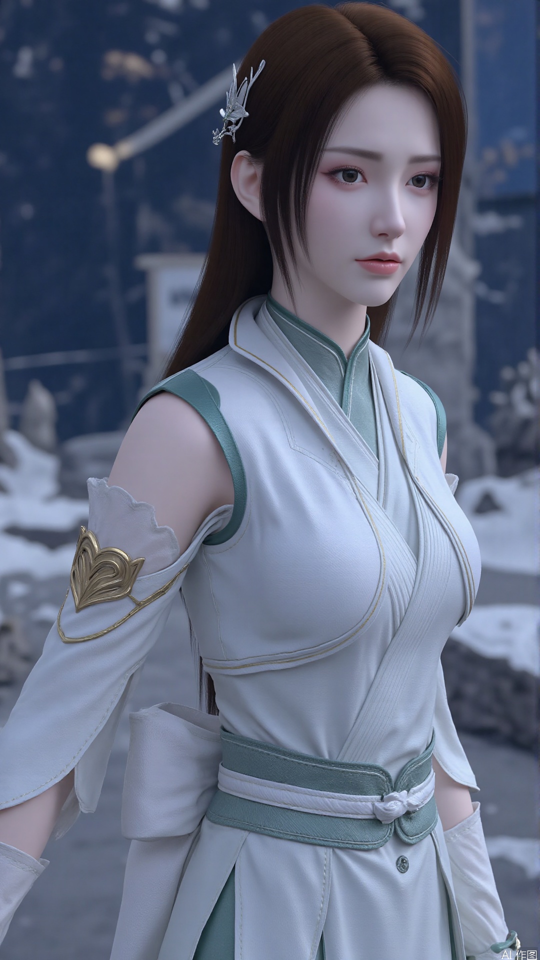 1girl, long hair, solo, dress, hair ornament, black hair, chinese clothes, green dress, mischevious smile, perfect body, scenery, sharp focus, best quality, masterpiece, detailed outfit, illustration, perfect eyes, finely detailed beautiful anime eyes, realistic skin, intricate details, best lighting, depth of field, ultra high resolution,cowboy_shot