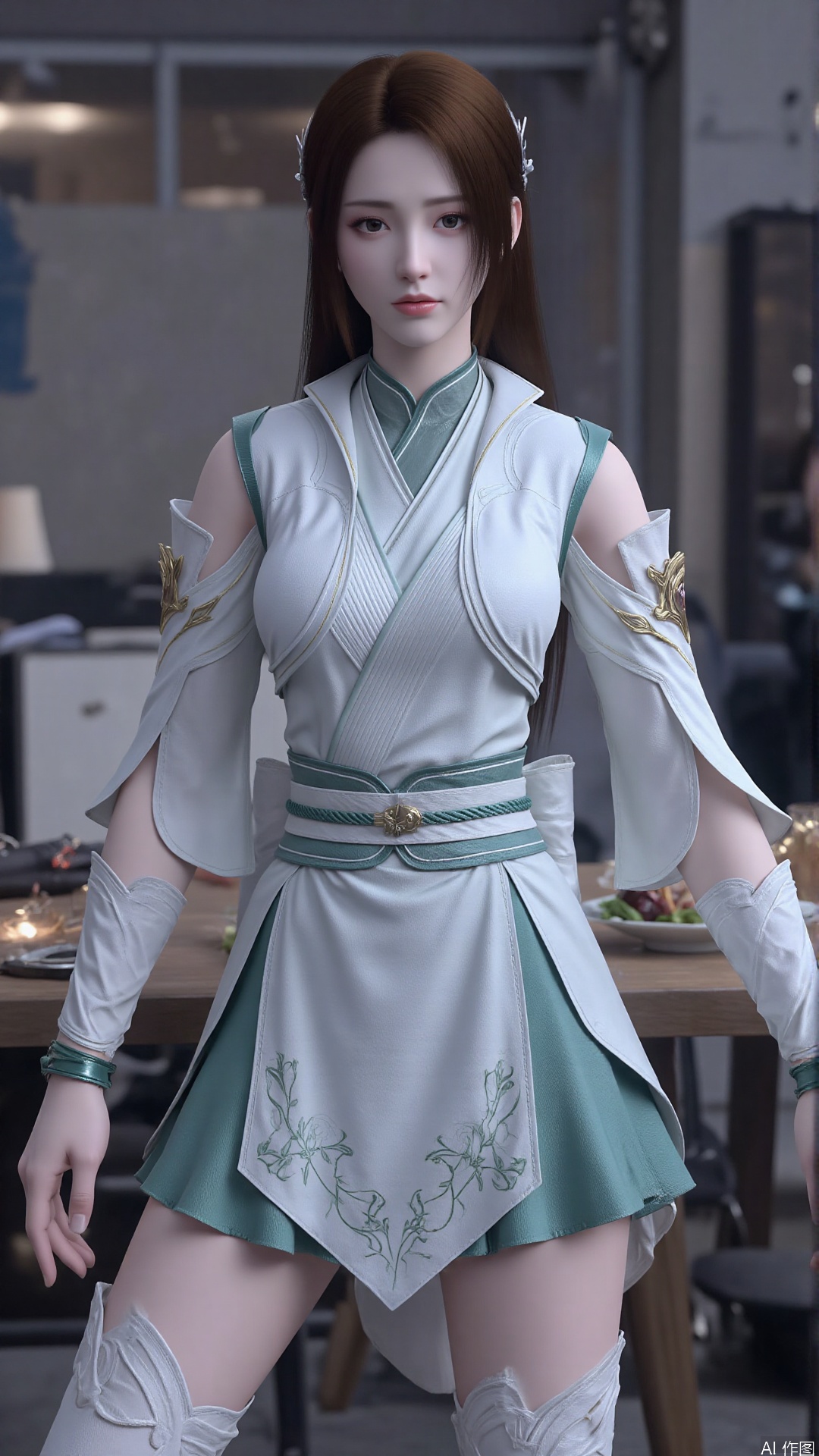 1girl, long hair, solo, dress, hair ornament, black hair, chinese clothes, mischevious smile, perfect body, scenery, sharp focus, best quality, masterpiece, detailed outfit, illustration, perfect eyes, finely detailed beautiful anime eyes, realistic skin, intricate details, best lighting, depth of field, ultra high resolution, sitting