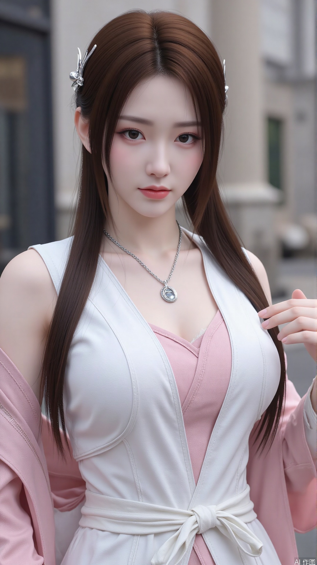 1girl,solo,jewelry,flower,hair flower,hair ornament,necklace,realistic,brown eyes,looking at viewer,dress,blurry background,twin braids,blurry,white dress,long hair,upper body,breasts,pink bow,red jacket,bare shoulders,lips,collarbone,outdoors,cleavage,large natural breast,soft breasts,huge Breasts