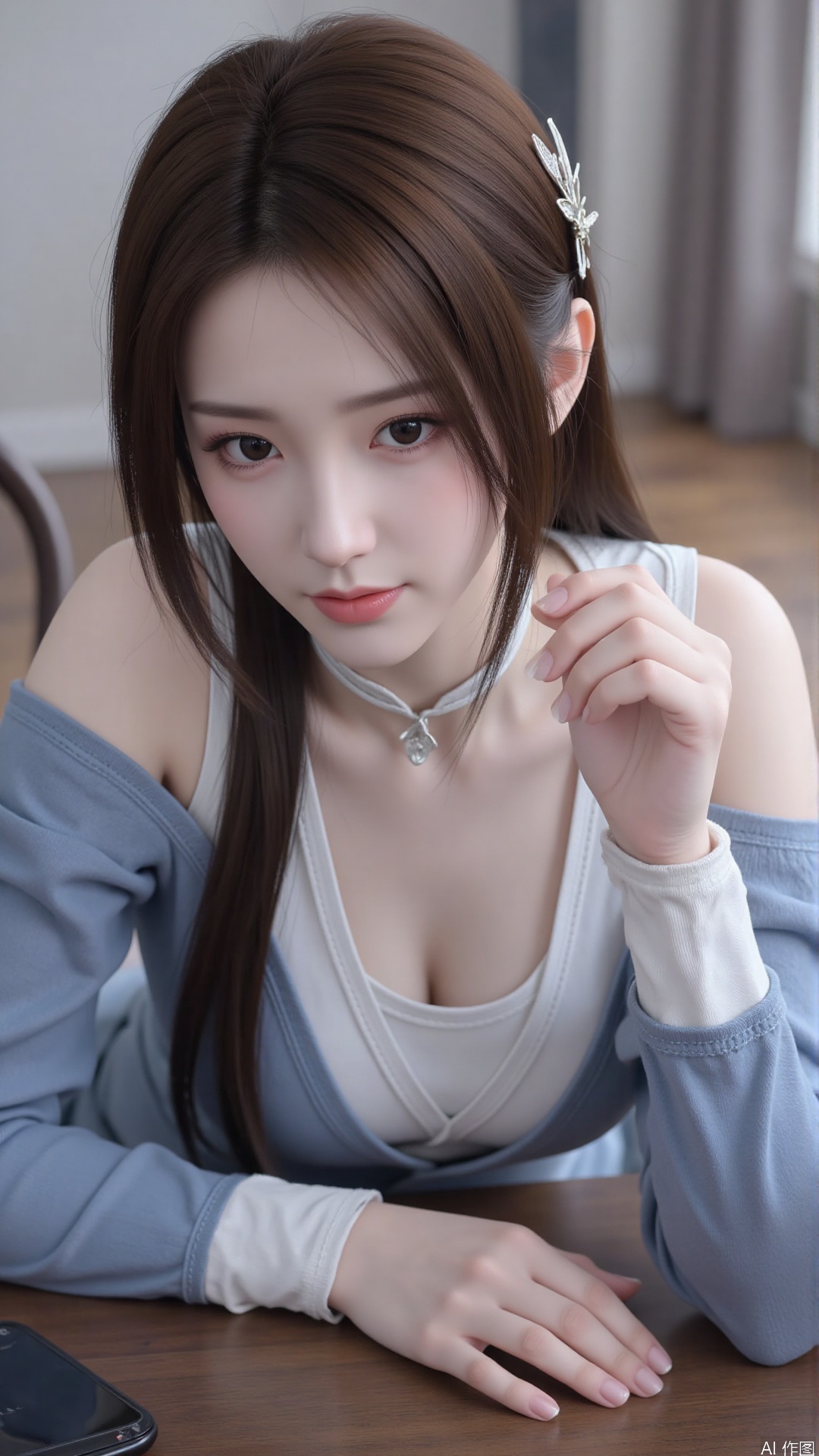 1girl, solo, long hair, looking at viewer, smile, sitting, collarbone, off shoulder, sweater, messy hair, realistic