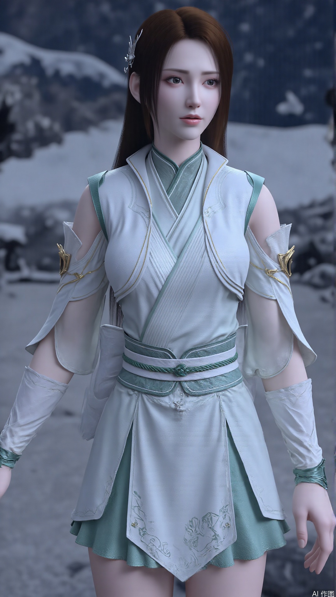 1girl, long hair, solo, dress, hair ornament, black hair, chinese clothes, mischevious smile, perfect body, scenery, sharp focus, best quality, masterpiece, detailed outfit, illustration, perfect eyes, finely detailed beautiful anime eyes, realistic skin, intricate details, best lighting, depth of field, ultra high resolution, sitting