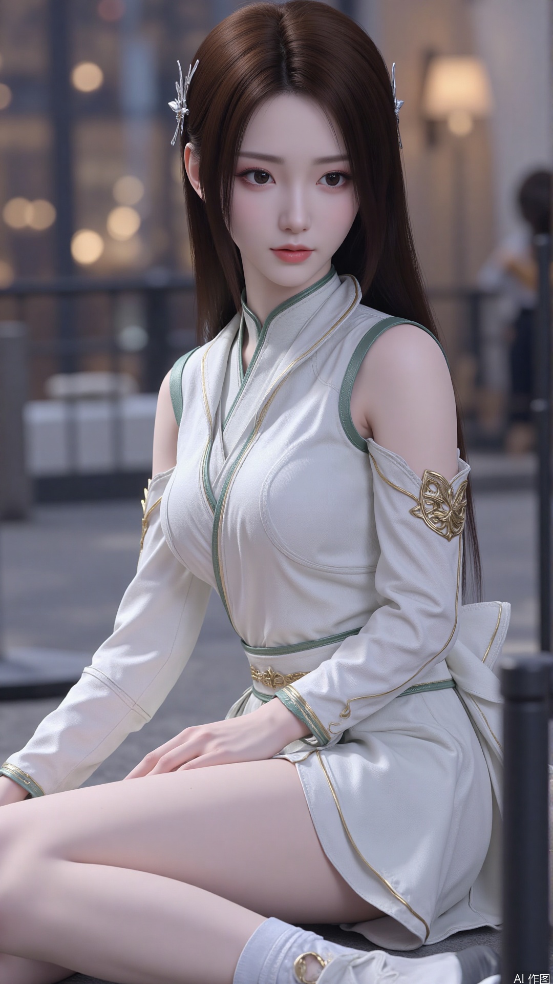 1girl, long hair, solo, dress, hair ornament, black hair, chinese clothes, mischevious smile, perfect body, scenery, sharp focus, best quality, masterpiece, detailed outfit, illustration, perfect eyes, finely detailed beautiful anime eyes, realistic skin, intricate details, best lighting, depth of field, ultra high resolution, sitting