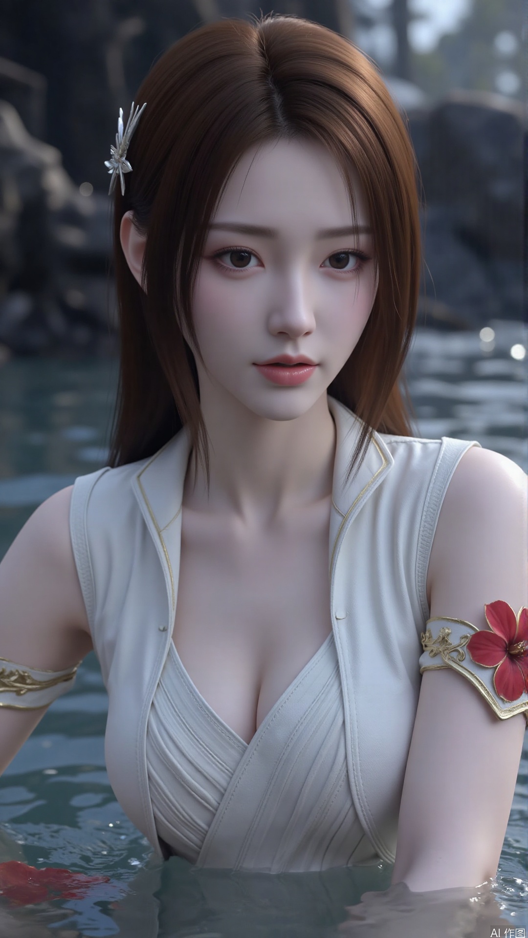 1girl, solo, long hair, breasts, looking at viewer, blush, open mouth, bangs, brown hair, hair ornament, dress, bare shoulders, brown eyes, medium breasts, collarbone, flower, parted lips, hair flower, water, white dress, sleeveless dress, leaf, plant, red flower, partially submerged, hibiscus
,backlighting,depth of field,cinematic lighting,light particles,lens flare, (artist:quasarcake:0.8),extreme aesthetic,(wlop:0.6),masterpiece,best quality,good quality,newest,very aesthetic,absurdres,Visual impact,A shot with tension, ultra-high resolution,32K UHD,sharp focus,best-quality,masterpiece,Emotionalization,unconventional supreme masterpiece,masterful details,temperate atmosphere,with a high-end texture,in the style of fashion photography, (alzi xiaomI:1.2),(mogumo:1.1),(good hands, nice hands:0.5),giving the poster a dynamic and visually striking appearance,impactful picture,offcial art,colorful,movie perspective, masterpiece,best quality,amazing quality,very aesthetic,absurdres,best quality,newest