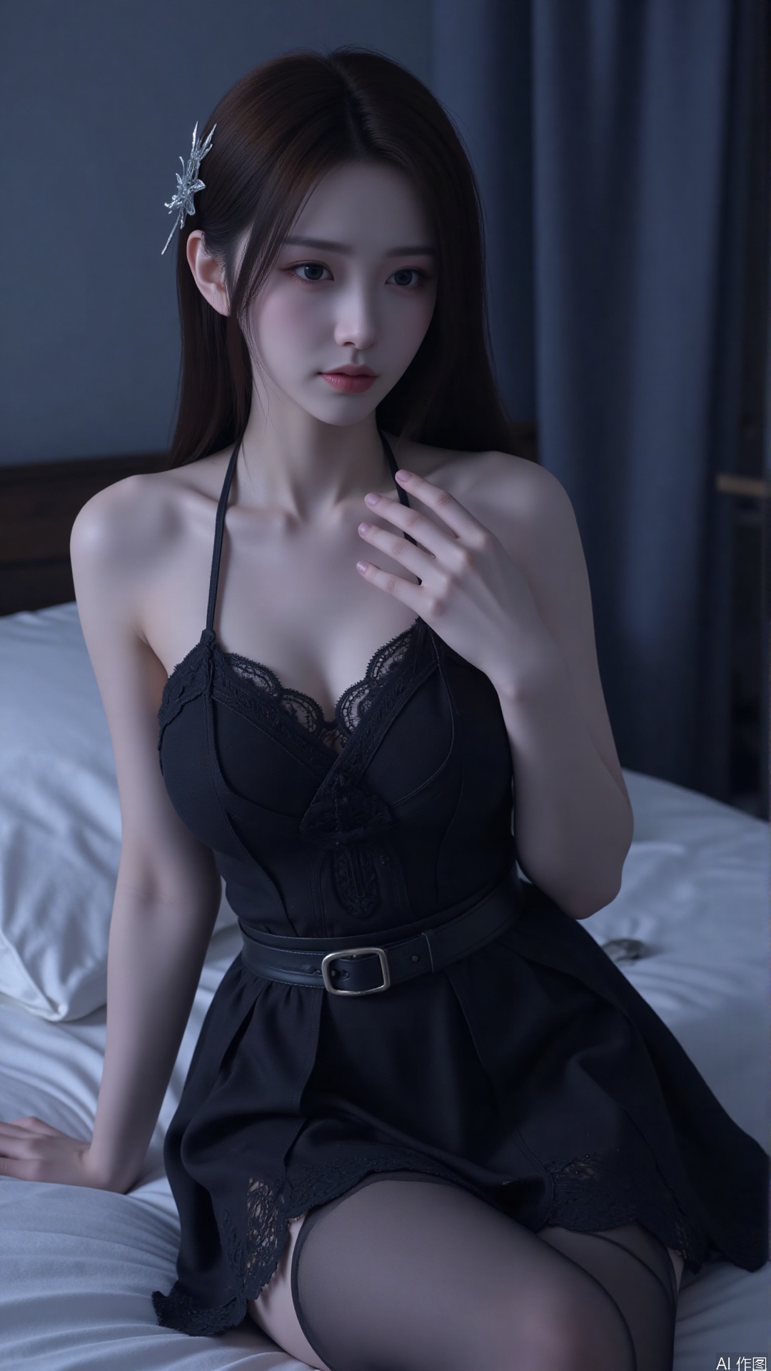 1girl, solo,Long hair, black hair, blue eyes, black nightgown, black lace stockings, bare shoulders, leaning against the pillow, with a sad expression, in bed, at night, white moonlight shining on the body, .(all body) (Show whole body),(all body),(artist:quasarcake:0.8),extreme aesthetic,(wlop:0.6),masterpiece,best quality,good quality,newest,very aesthetic,absurdres,Visual impact,A shot with tension, ultra-high resolution,32K UHD,sharp focus,best-quality,masterpiece,Emotionalization,unconventional supreme masterpiece,masterful details,temperate atmosphere,with a high-end texture,in the style of fashion photography, (Visual impact:1.2),visually striking appearance,impactful picture,offcial art,colorful,splash of color,movie perspective, masterpiece,best quality,amazing quality,very aesthetic,absurdres,best quality,newest