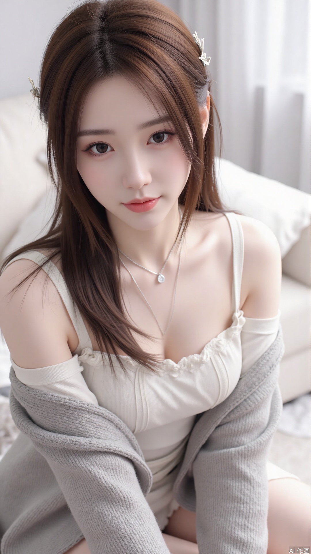 1girl, solo, long hair, looking at viewer, smile, sitting, collarbone, off shoulder, sweater, messy hair, realistic