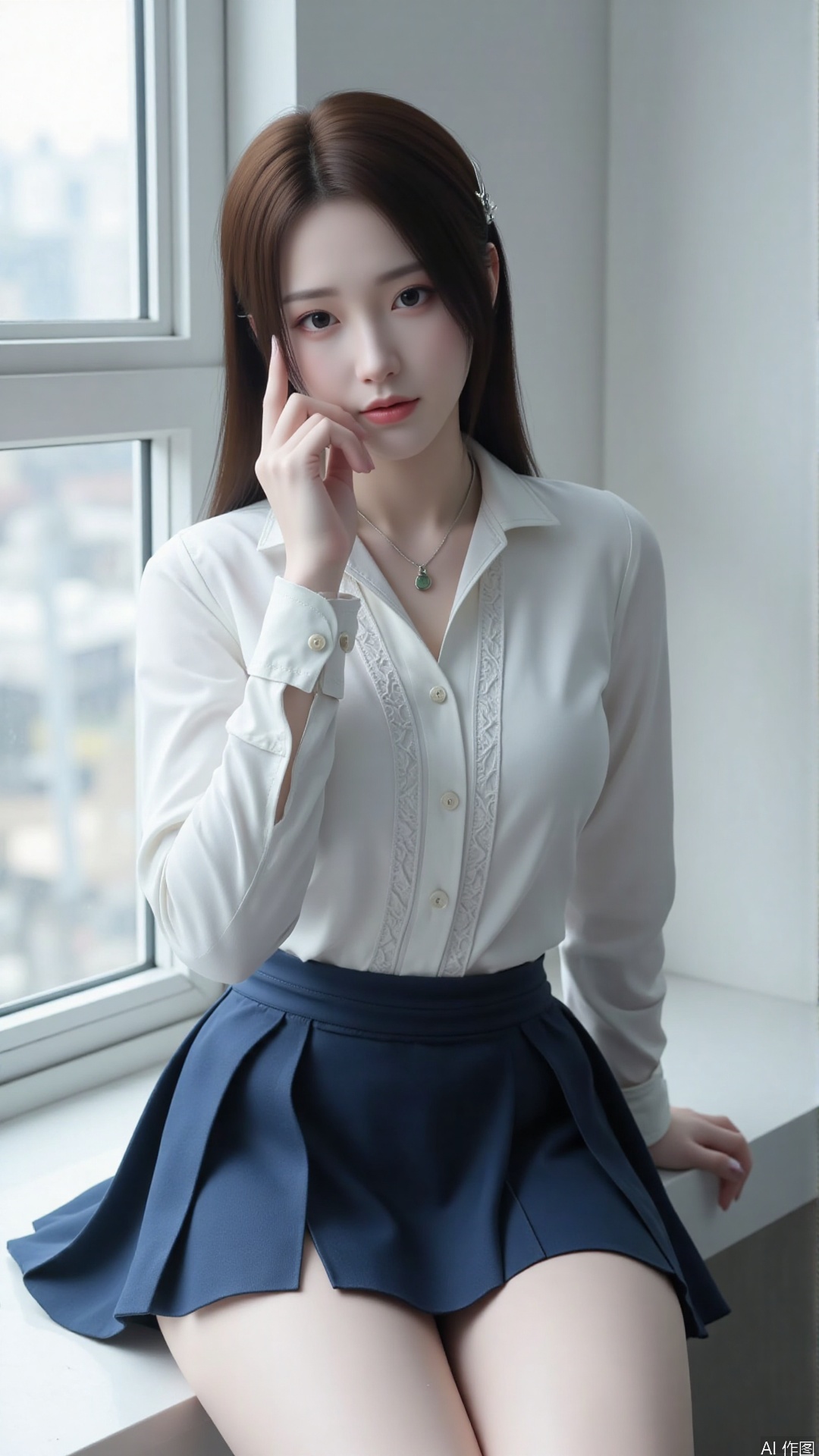 This photo captures a poised Asian girl with an elegant presence. Her hair is long and straight, with subtle layers that add depth to her hairstyle. Her eyes are deep and thoughtful, reflecting a sense of maturity and grace. She's dressed in a school uniform, featuring a crisp white blouse with a delicate lace collar and a navy pleated skirt. Her thighs are partially visible as she sits gracefully on a windowsill, one leg bent and the other extended. The camera is positioned at a high angle, capturing her from above as she looks at the viewer, with the classroom window and a glimpse of the outside world in the background.