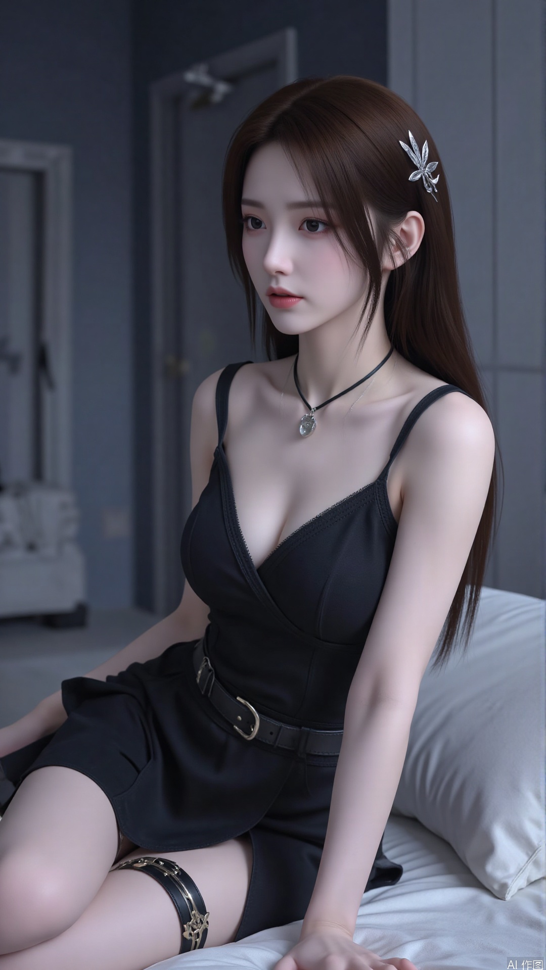 1girl, solo,Long hair, black hair, blue eyes, black nightgown, black lace stockings, bare shoulders, leaning against the pillow, with a sad expression, in bed, at night, white moonlight shining on the body, .(all body) (Show whole body),(all body),(artist:quasarcake:0.8),extreme aesthetic,(wlop:0.6),masterpiece,best quality,good quality,newest,very aesthetic,absurdres,Visual impact,A shot with tension, ultra-high resolution,32K UHD,sharp focus,best-quality,masterpiece,Emotionalization,unconventional supreme masterpiece,masterful details,temperate atmosphere,with a high-end texture,in the style of fashion photography, (Visual impact:1.2),visually striking appearance,impactful picture,offcial art,colorful,splash of color,movie perspective, masterpiece,best quality,amazing quality,very aesthetic,absurdres,best quality,newest