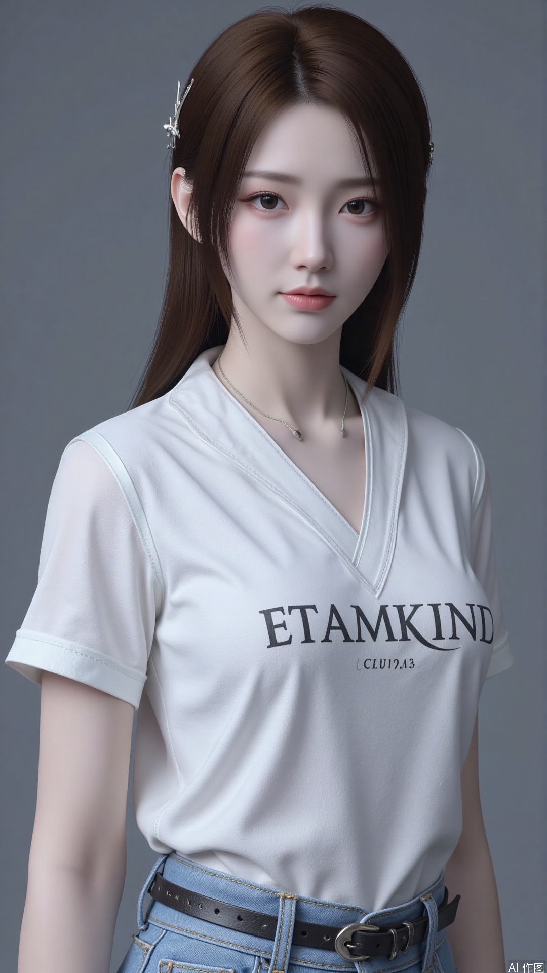 White t-shirt with ”Tim_Yi“ written on it, jeans shorts,1girl