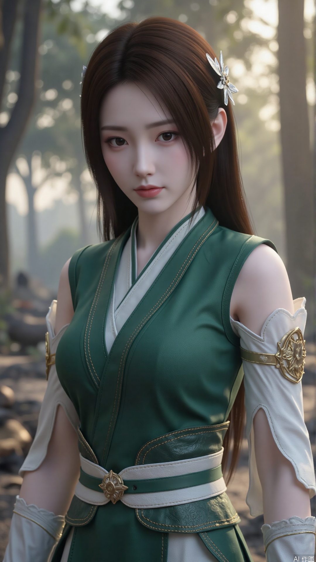 1girl, long hair, solo, dress, hair ornament, black hair, chinese clothes, green dress, mischevious smile, perfect body, scenery, sharp focus, best quality, masterpiece, detailed outfit, illustration, perfect eyes, finely detailed beautiful anime eyes, realistic skin, intricate details, best lighting, depth of field, ultra high resolution,cowboy_shot