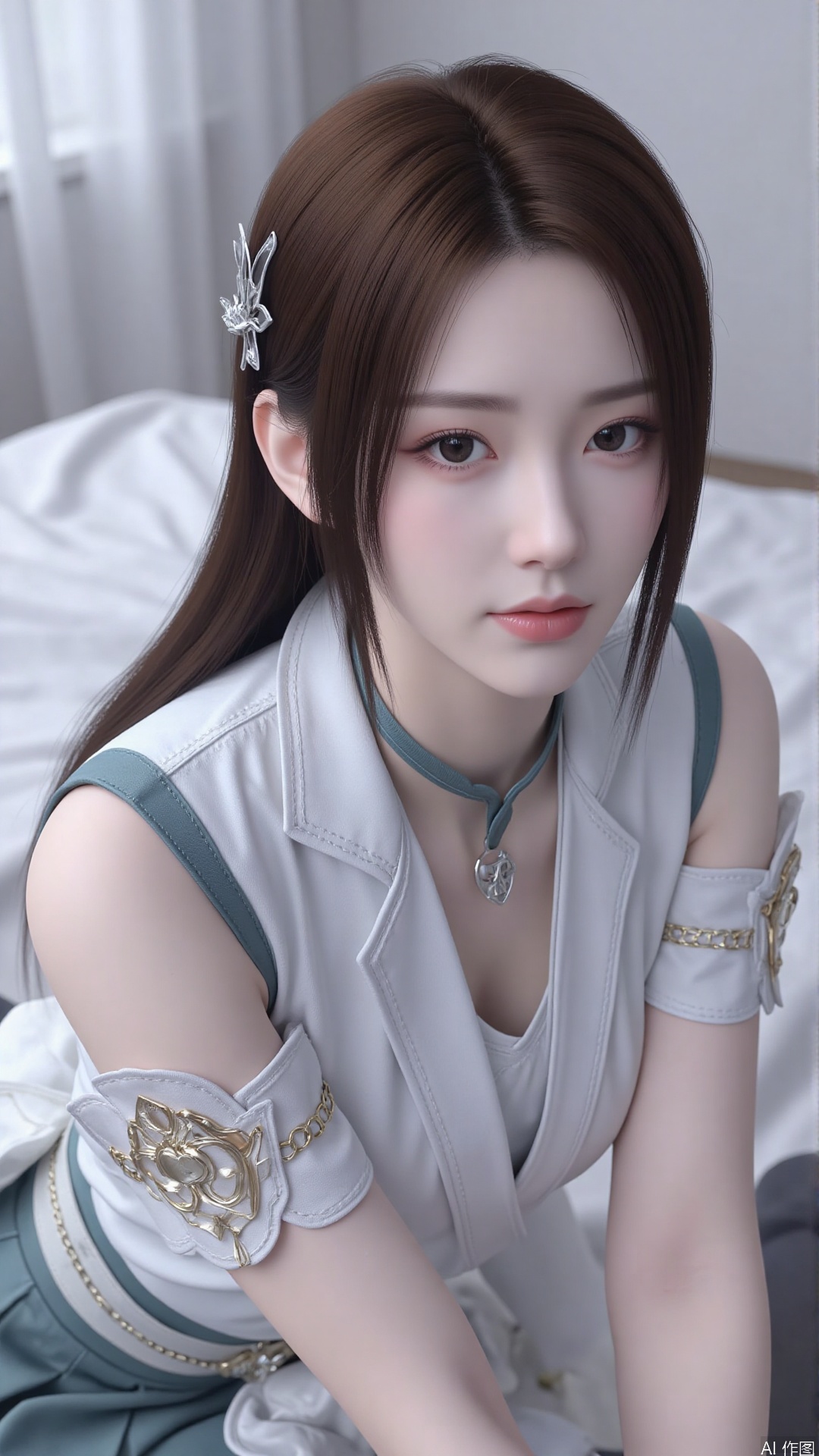 1girl, solo, jewelry, earrings, breasts, necklace, dress, realistic, bare shoulders, looking at viewer, lying, perfect body, scenery, sharp focus, best quality, masterpiece, detailed outfit, illustration, perfect eyes, finely detailed beautiful anime eyes, realistic skin, intricate details, best lighting, depth of field, ultra high resolution, bed, from above
