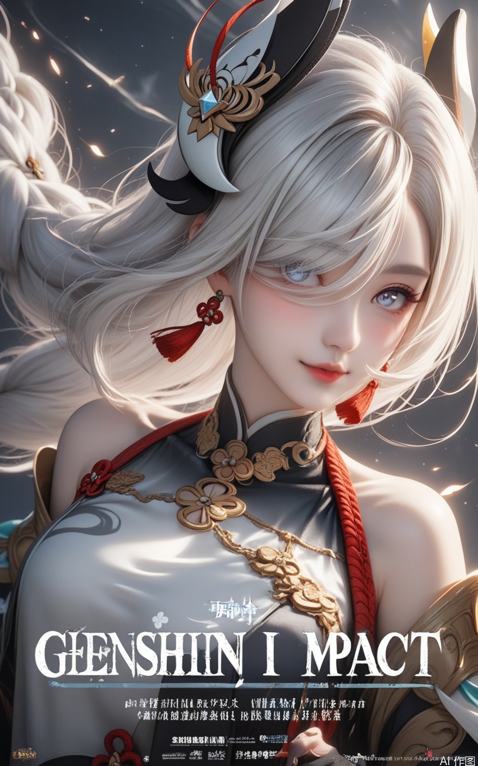 masterpiece,Realism,best quality, 1girl, solo, upper body, very long white braided hair with a braided ponytail, hair over one eye, bangs, blue eyes, looking at viewer, blush, smile, parted lips, hair ornament, tassel earrings, tassel, bodysuit with gold trim, clothing cutout, flower, Shenhe (Genshin Impact) style, movie poster, three-dimensional text AGlong in the middle below, cinematic lighting, dynamic composition, detailed background with poster theme, high contrast, sharp focus, dramatic atmosphere.