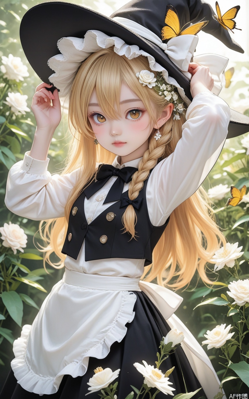 masterpiece,Realism,best quality,loli,1girl,hat,kirisame marisa,blonde hair,solo,yellow eyes,bug,witch hat,butterfly,long hair,braid,bow,flower,apron,black headwear,single braid,long sleeves,earrings,hair ornament,jewelry,white bow,hair flower,shirt,white shirt,closed mouth,hair between eyes,black bow,waist apron,white apron,hat bow,black skirt,white flower,blush,bowtie,skirt,black bowtie,looking at viewer,hair bow,rose,black vest,vest,frills,signature,buttons,hand on headwear,upper body,frilled apron,white rose,arms up,cowboy shot,yellow butterfly,arm up,hands up,artist name,side braid,ribbon,