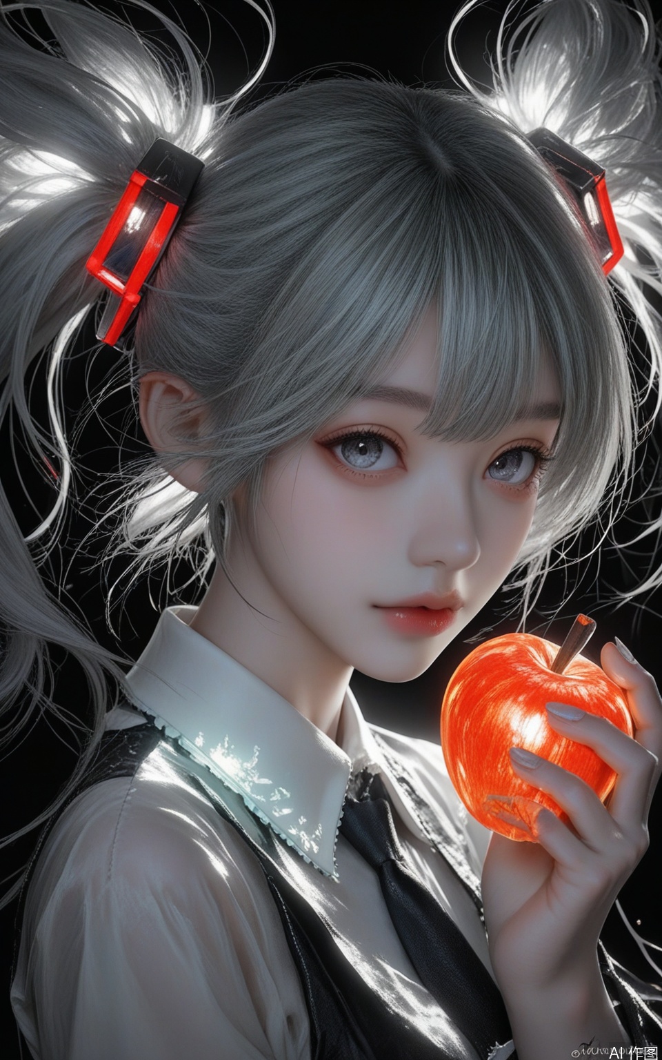 A photograph of beautiful hubggirl, (super realistic, best quality:1.25), depth, cinematic light, BREAK best_quality,masterpiece,(yoneyama mai:0.5),(WANKE:0.5),(noyu (noyu23386566):0.5),cute painting style,dark,Hatsune Miku,limited palette,black background,colorful,vibrant,glowing outline,neon,blacklight,looking at viewer,apple,fog,from_side,
