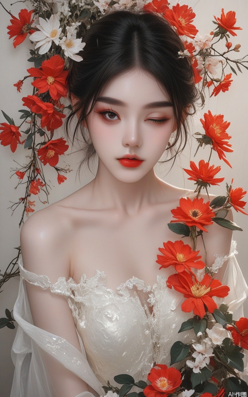 Woman's secrets whispered in twilight's hush: A Wong Kar Wai-esque close-up captures the mystery of a lone female, her raven tresses adorned with a vibrant red flower. Half-bodies entwined with pink and orange blooms, as if trying to conceal truths behind her striking red lips. One eye veiled, she gazes directly at us, collarbone and bare shoulders framing the beauty within. Shot on Fujifilm 100mm lens, filtered through film grain texture, color temperature set at 3200K, with a whisper of twilight's warmth.