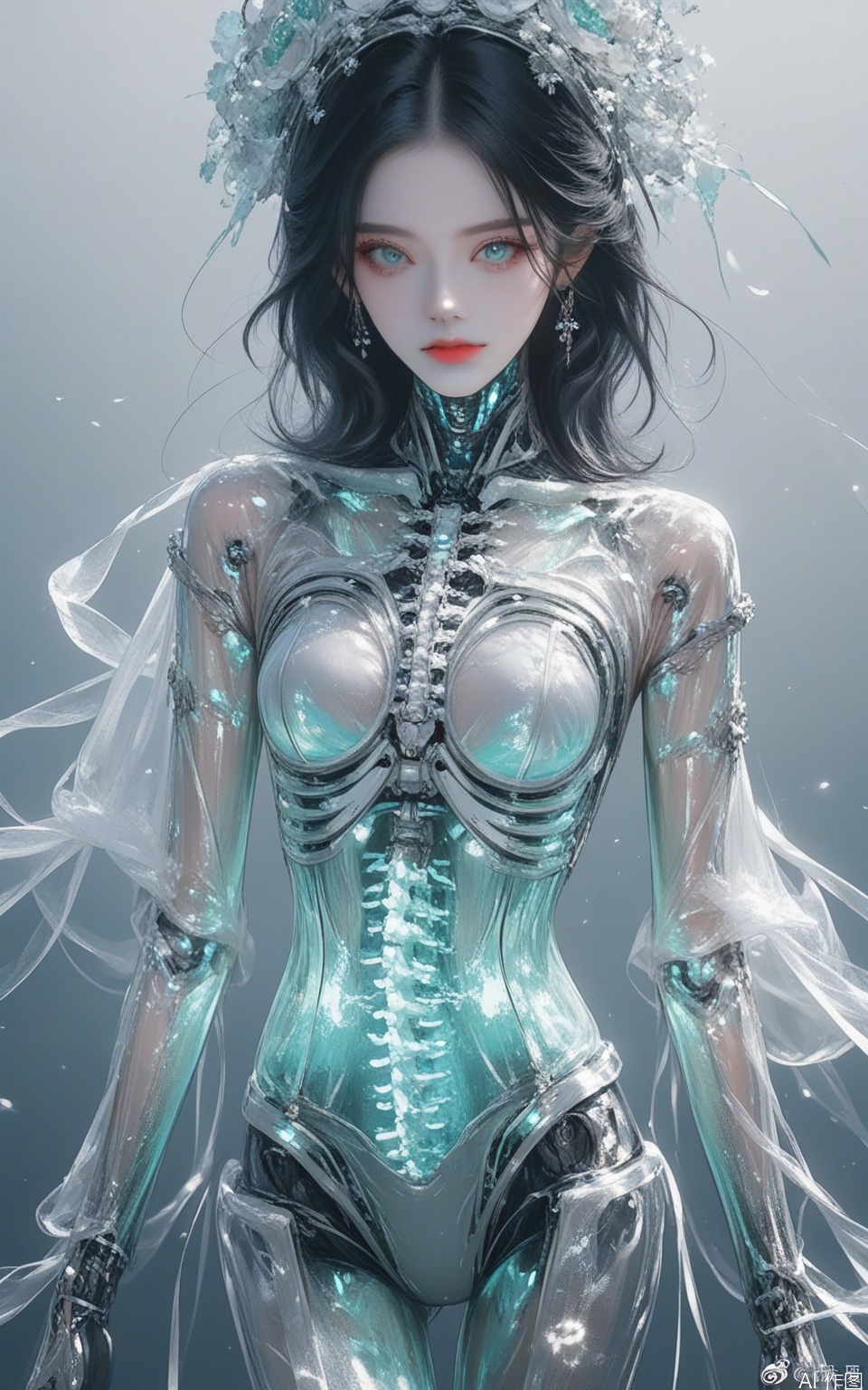 masterpiece, best quality, amazing quality, very aesthetic, absurdres, year 2023, onineko, tianliang duohe fangdongye, wlop, ciloranko, ask \(askzy\), 
1girl, android, aqua eyes, black hair, bone, glowing, gradient background, looking at viewer, mechabare, mechanical spine, medium hair, ribs, 
robot, science fiction, see-through body, skeletal body,
spine, translucent, transparent, mecha bonnet , mature
very aesthetic, high definition, amazing quality,
masterpiece, best quality, very aesthetic, highres, absurdres, sensitive,HUBG_Detail +