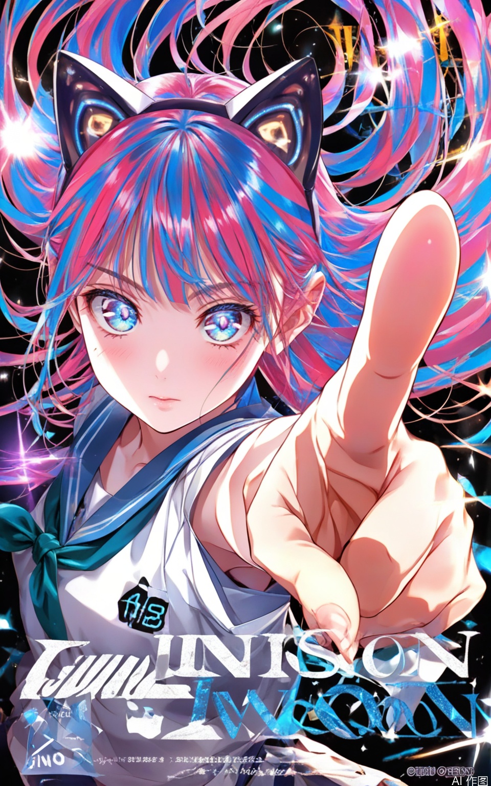 ((((Logo,)) ((text âINNO VISIONâ)), poster, )), V, 1girl, aiming at viewer, animal ears, black background, blue eyes, blue hair, blue sailor collar, blush, cat ears, closed mouth, fake animal ears, finger gun, floating hair, foreshortening, glowing, glowing eyes, glowing lines, light particles, long hair, looking at viewer, mole, mole under eye, multicolored eyes, multicolored hair, neckerchief, outstretched arm, pink hair, pointing, pointing at viewer, sailor collar, school uniform, serafuku, shiny, shirt, short sleeves, simple background, solo, upper body, white shirt, glowing hand, fingers