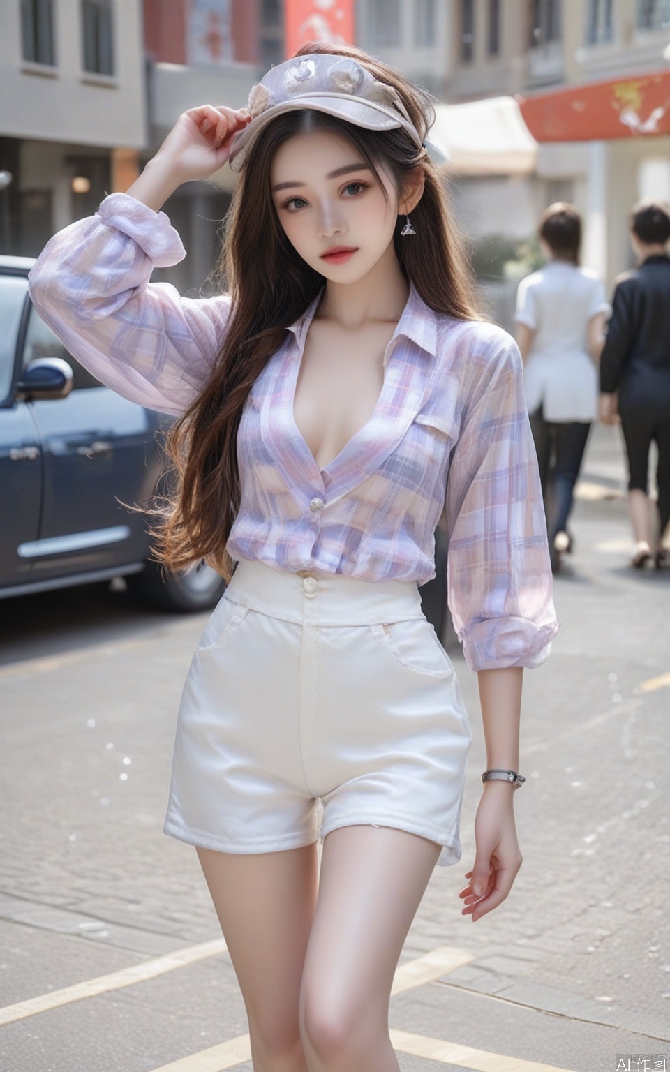 A photograph of beautiful hubggirl, (super realistic, best quality:1.25), depth, cinematic light, BREAK 1girl,Checkered shirt, shorts,half body,The unbuttoned button