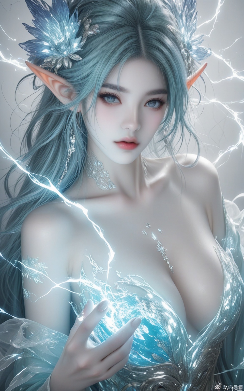 A photograph of beautiful hubggirl, 1girl,(super realistic, best quality:1.25), depth, cinematic light, BREAK Create a highly detailed close-up image of a fantasy elf’s face, blending elements of cinematic art and modern digital design. Her pale skin glows with a soft, ethereal light, intricately adorned with golden, cracked patterns that evoke the delicate art of kintsugi, tracing along her features with a mystical glow. These patterns intertwine with neon tattoos, forming geometric shapes that pulse with a magical energy. Her large, mesmerizing eyes shift between shades of deep teal and oceanic blue, as if holding the mysteries of the sea within them, drawing the viewer into her intense, calm gaze. ..,(her hand crackling with huge electricity power as she gazes directly at the camera))