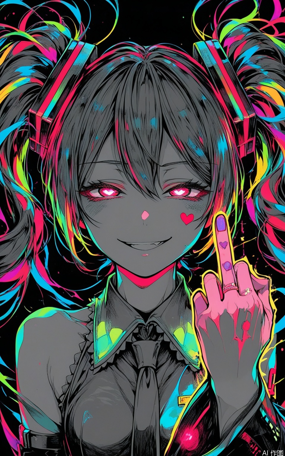 Hatsune Miku,limited palette,black background,colorful,vibrant,glowing outline,neon,blacklight,looking at viewer, masterpiece, very aesthetic, smug, half closed eyes, heart eyes, middle finger