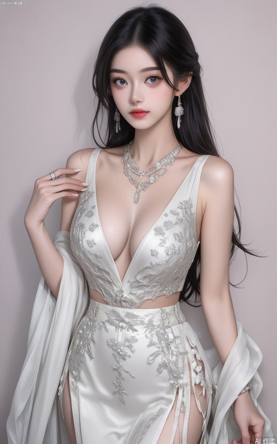 a medium-sized Asian woman with long,straight black hair,wearing a silver ring on her left hand and a silver band on her right hand. Her left hand is positioned in front of her chest,with her left arm resting on her hip. Her right hand is draped over her right shoulder,adding a touch of touch to her body. Her eyes are a piercing blue,and her lips are a pinkish-pink. The backdrop is a dark gray,creating a stark contrast to the woman's skin.,