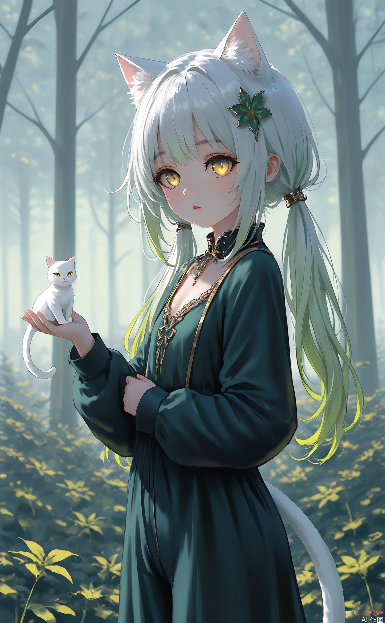 masterpiece, very aware, highres,newest,best quality, loli,petite,chromatic aberration,artist:wlop:0.2,1girl, solo, cat girl, cat eyes, cat ears, cat tail,white tail,white cat ears,flat chest, yellow eyes, goden eyes, Vertical pupils, white hair, green hair, half close eyes,leaf ornament, hair ornament, gradient hair, low twintails, long sleeves,long pants,forest background, (nahida \(genshin impact\):0.5) ,qshy,cxqbwh,