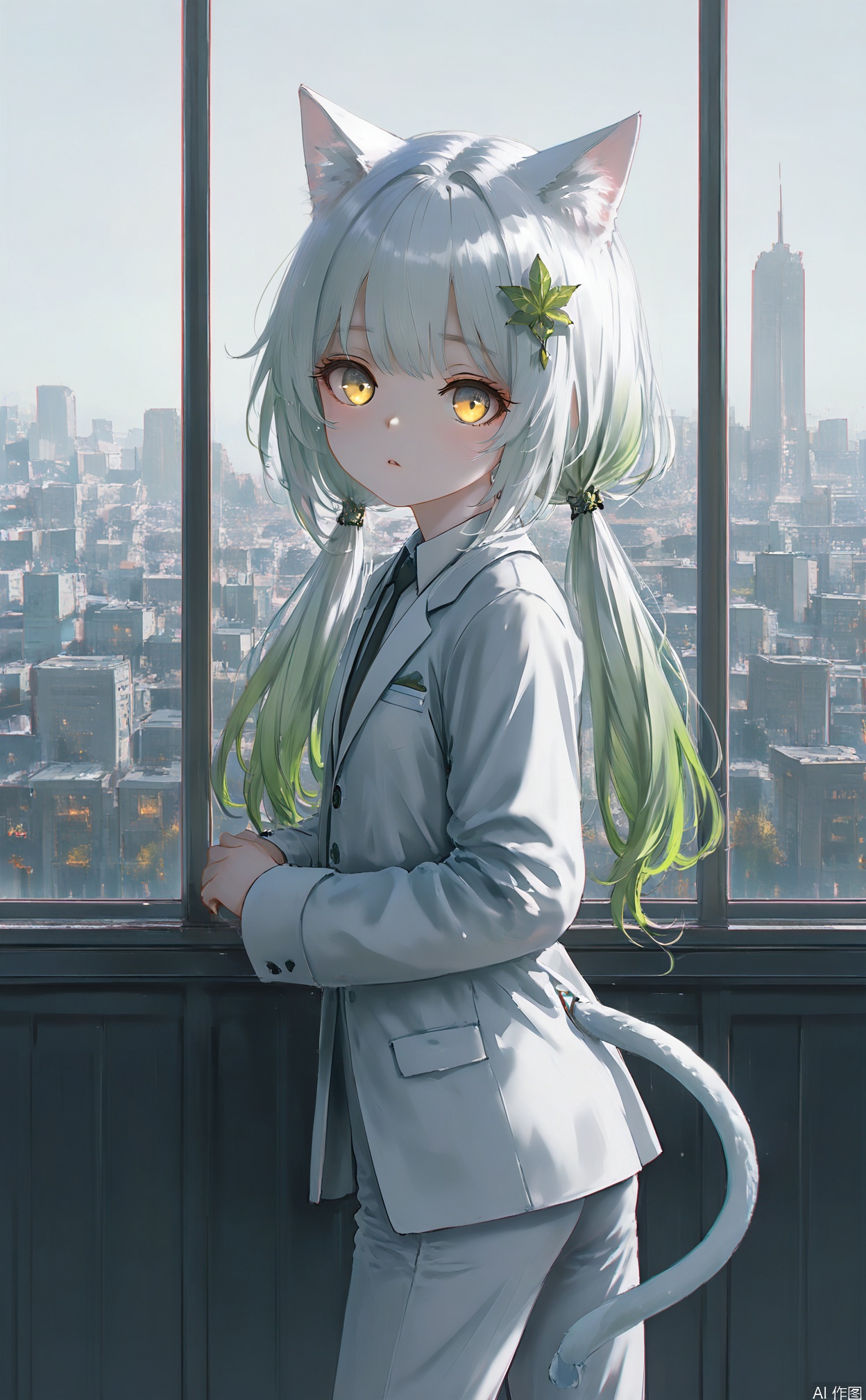 masterpiece, very aware, highres,newest,best quality, loli,petite,chromatic aberration,artist:wlop:0.2,1girl, solo, cat girl, cat eyes, cat ears, cat tail,white tail,white cat ears,flat chest, yellow eyes, goden eyes, Vertical pupils, white hair, green hair, half close eyes,leaf ornament, hair ornament, gradient hair, low twintails,suit, long sleeves,long pants,office room background,sideview, (nahida \(genshin impact\):0.5) ,qshy,cxqbwh,cxbackground