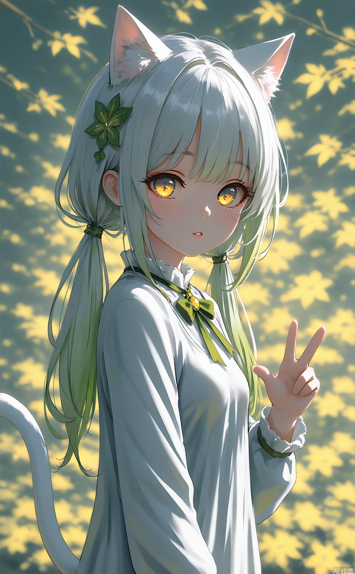 masterpiece, very aware, highres,newest,best quality, loli,petite,chromatic aberration,artist:wlop:0.2,1girl, solo, cat girl, cat eyes, cat ears, cat tail,white tail,white cat ears, small breast,yellow eyes, goden eyes, Vertical pupils, white hair, green hair, half close eyes,leaf ornament, hair ornament, gradient hair, low twintails, long sleeves, (nahida \(genshin impact\):0.5) ,qshy,cxqbwh