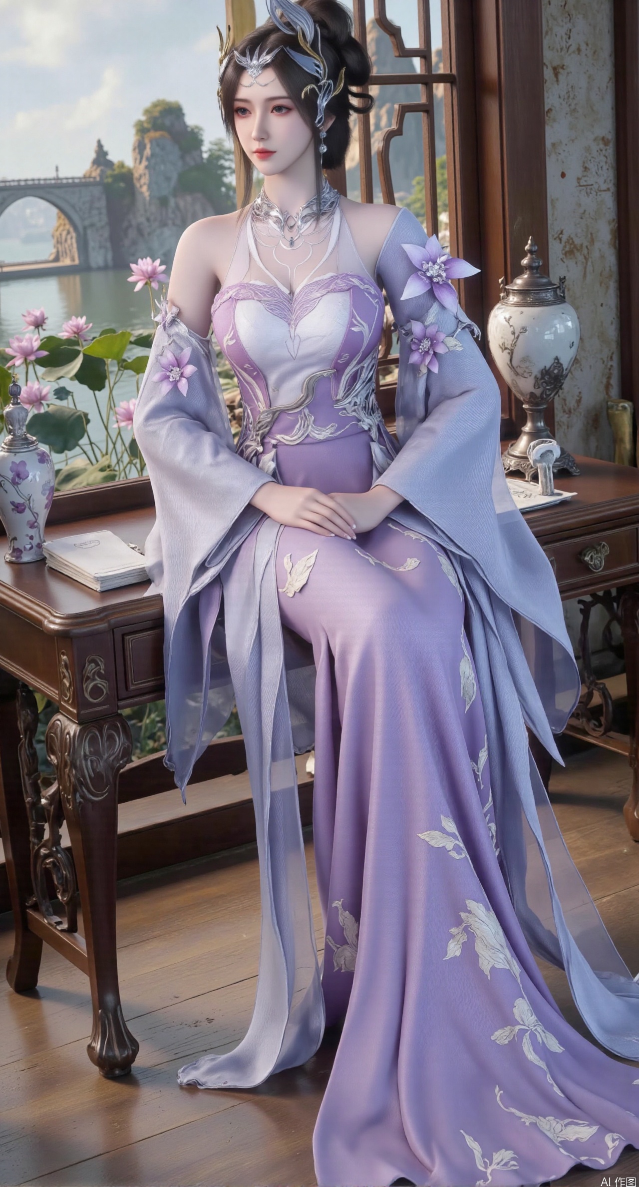 SFW,(masterpiece, best quality:1.2),1girl, solo, long dress,Ancient princess's boudoir with bright color palette,,(huge breasts:2.39),(full breasts:2.39), Hanfu-clad maiden sitting by latticed window desk in romantic daydreaming posture,  classical Chinese garden through window showcasing lotus pond filled with blooming pink and white lotuses, delicate ink-wash painting style, interior featuring rosewood furniture with mother-of-pearl inlay, silk curtains fluttering in breeze, porcelain stationery set on desk, distant view of curved bridges and pavilions in garden, ultra HD rendering with crisp details on embroidered garments and translucent lotus petals,,(huge breasts:2.99),(full breasts:2.99),XyueliuY,XanmiaoyiY,Xxiaowu,Xbaixue