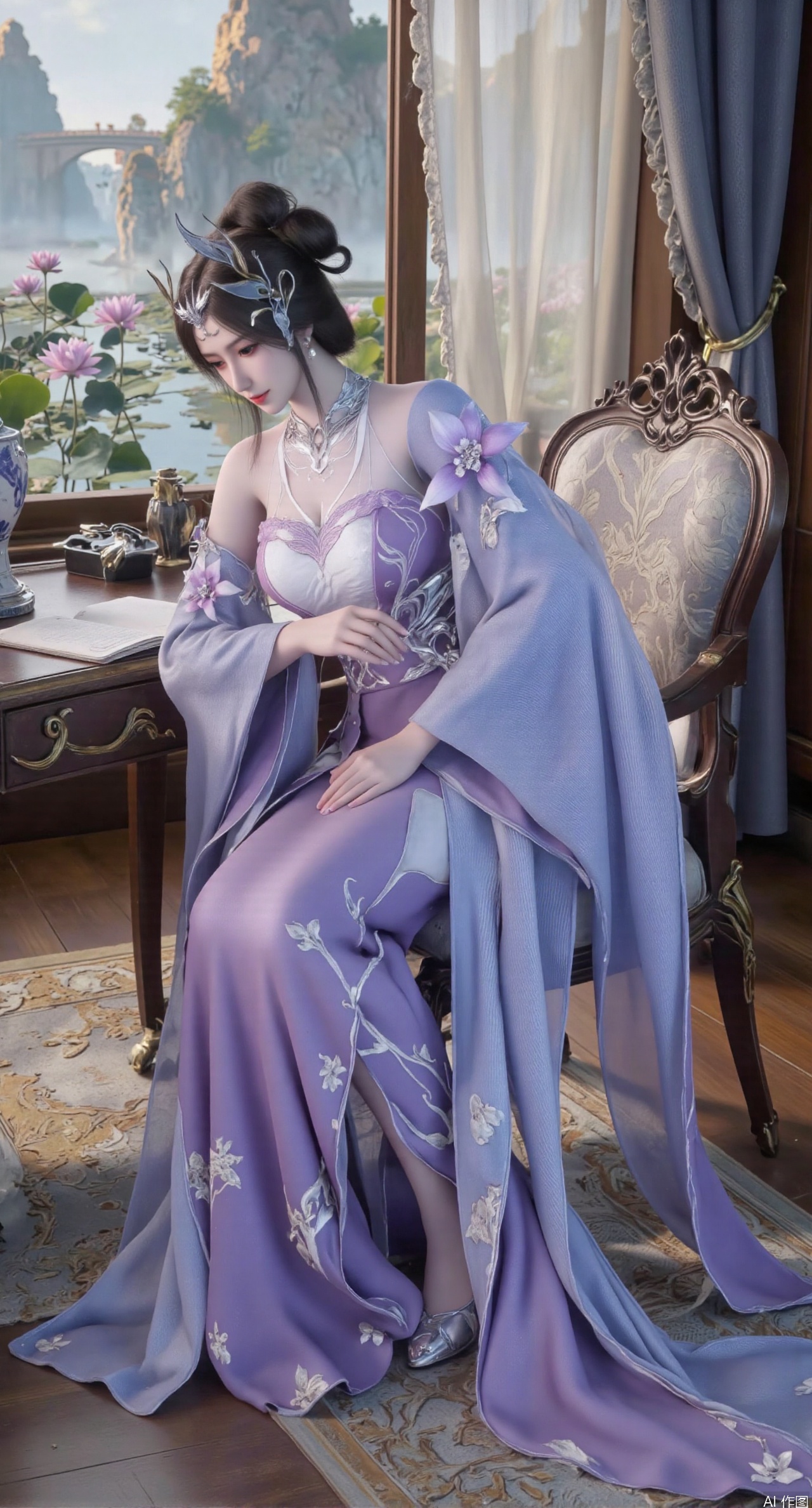 SFW,(masterpiece, best quality:1.2),1girl, solo, long dress,Ancient princess's boudoir with bright color palette,,(huge breasts:2.39),(full breasts:2.39), Hanfu-clad maiden sitting by latticed window desk in romantic daydreaming posture,  classical Chinese garden through window showcasing lotus pond filled with blooming pink and white lotuses, delicate ink-wash painting style, interior featuring rosewood furniture with mother-of-pearl inlay, silk curtains fluttering in breeze, porcelain stationery set on desk, distant view of curved bridges and pavilions in garden, ultra HD rendering with crisp details on embroidered garments and translucent lotus petals,,(huge breasts:2.99),(full breasts:2.99),XyueliuY,XanmiaoyiY,Xxiaowu,Xbaixue