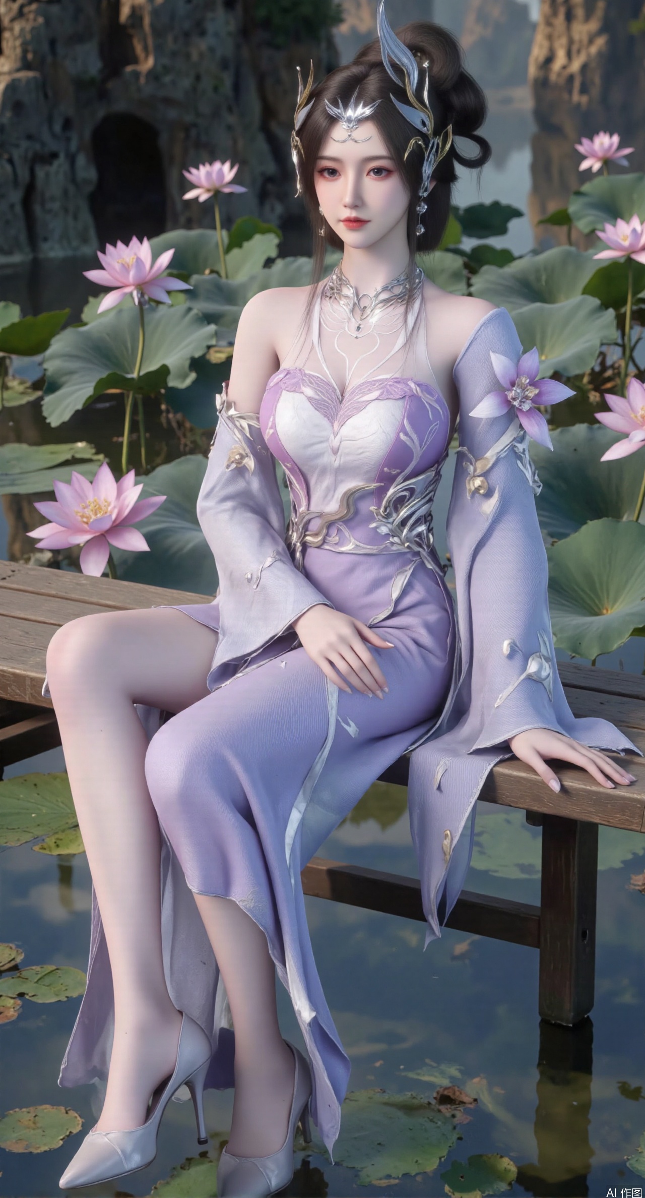  SFW,(masterpiece:1.2),best quality,The image is a digital illustration of a young woman sitting on a wooden bench in a pond with lily pads. She is wearing a long dress with design on the chest and sleeves. The dress has a high neckline and short sleeves,Holding a lotus in hand. She has long dark hair styled in loose waves and is wearing gold high heels. The woman is posing with one hand on her hip and the other resting on the edge of the bench. The background is filled with pink and white lotus flowers and green leaves. The overall mood of the image is peaceful and serene,(huge breasts:2.99),(full breasts:2.99),(Background with traditional Chinese architecture, lotus pond and pink lotus flowers:1.39),XtianqiongY,XliumeiY,large natural breast,soft breasts,XanmiaoyiY,Xbaixue