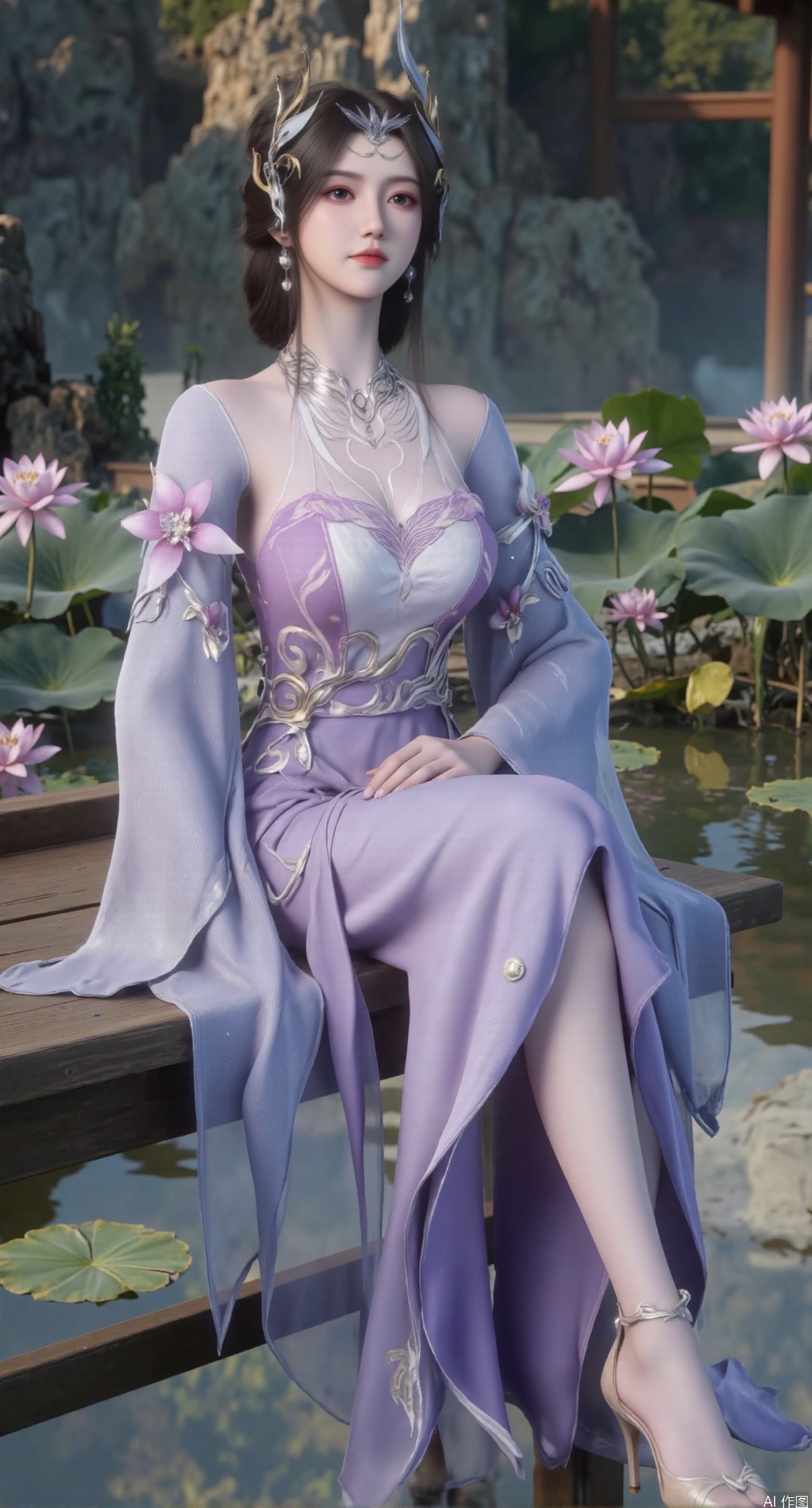 SFW,(masterpiece:1.2),best quality,The image is a digital illustration of a young woman sitting on a wooden bench in a pond with lily pads. She is wearing a long dress with design on the chest and sleeves. The dress has a high neckline and short sleeves,Holding a lotus in hand. She has long dark hair styled in loose waves and is wearing gold high heels. The woman is posing with one hand on her hip and the other resting on the edge of the bench. The background is filled with pink and white lotus flowers and green leaves. The overall mood of the image is peaceful and serene,(huge breasts:2.99),(full breasts:2.99),(Background with traditional Chinese architecture, lotus pond and pink lotus flowers:1.39),XtianqiongY,XliumeiY,large natural breast,soft breasts,XanmiaoyiY,Xbaixue