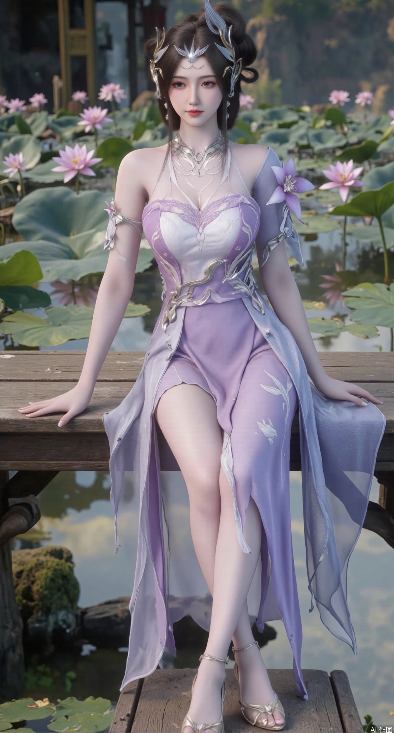  SFW,(masterpiece:1.2),best quality,The image is a digital illustration of a young woman sitting on a wooden bench in a pond with lily pads. She is wearing a long dress with design on the chest and sleeves. The dress has a high neckline and short sleeves,Holding a lotus in hand. She has long dark hair styled in loose waves and is wearing gold high heels. The woman is posing with one hand on her hip and the other resting on the edge of the bench. The background is filled with pink and white lotus flowers and green leaves. The overall mood of the image is peaceful and serene,(huge breasts:2.99),(full breasts:2.99),(Background with traditional Chinese architecture, lotus pond and pink lotus flowers:1.39),XtianqiongY,XliumeiY,large natural breast,soft breasts,XanmiaoyiY,Xbaixue