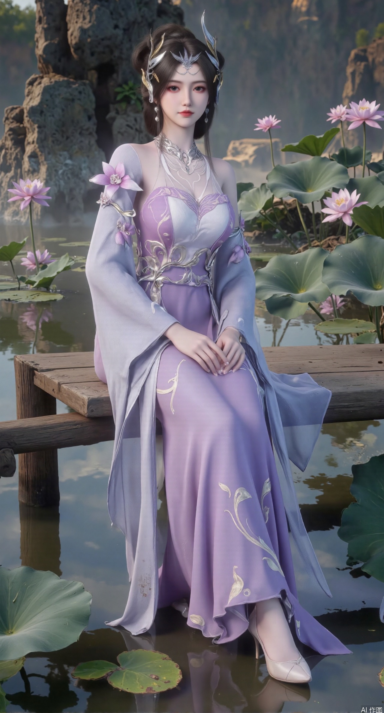  SFW,(masterpiece:1.2),best quality,The image is a digital illustration of a young woman sitting on a wooden bench in a pond with lily pads. She is wearing a long dress with design on the chest and sleeves. The dress has a high neckline and short sleeves,Holding a lotus in hand. She has long dark hair styled in loose waves and is wearing gold high heels. The woman is posing with one hand on her hip and the other resting on the edge of the bench. The background is filled with pink and white lotus flowers and green leaves. The overall mood of the image is peaceful and serene,(huge breasts:2.99),(full breasts:2.99),(Background with traditional Chinese architecture, lotus pond and pink lotus flowers:1.39),XtianqiongY,XliumeiY,large natural breast,soft breasts,XanmiaoyiY,Xbaixue