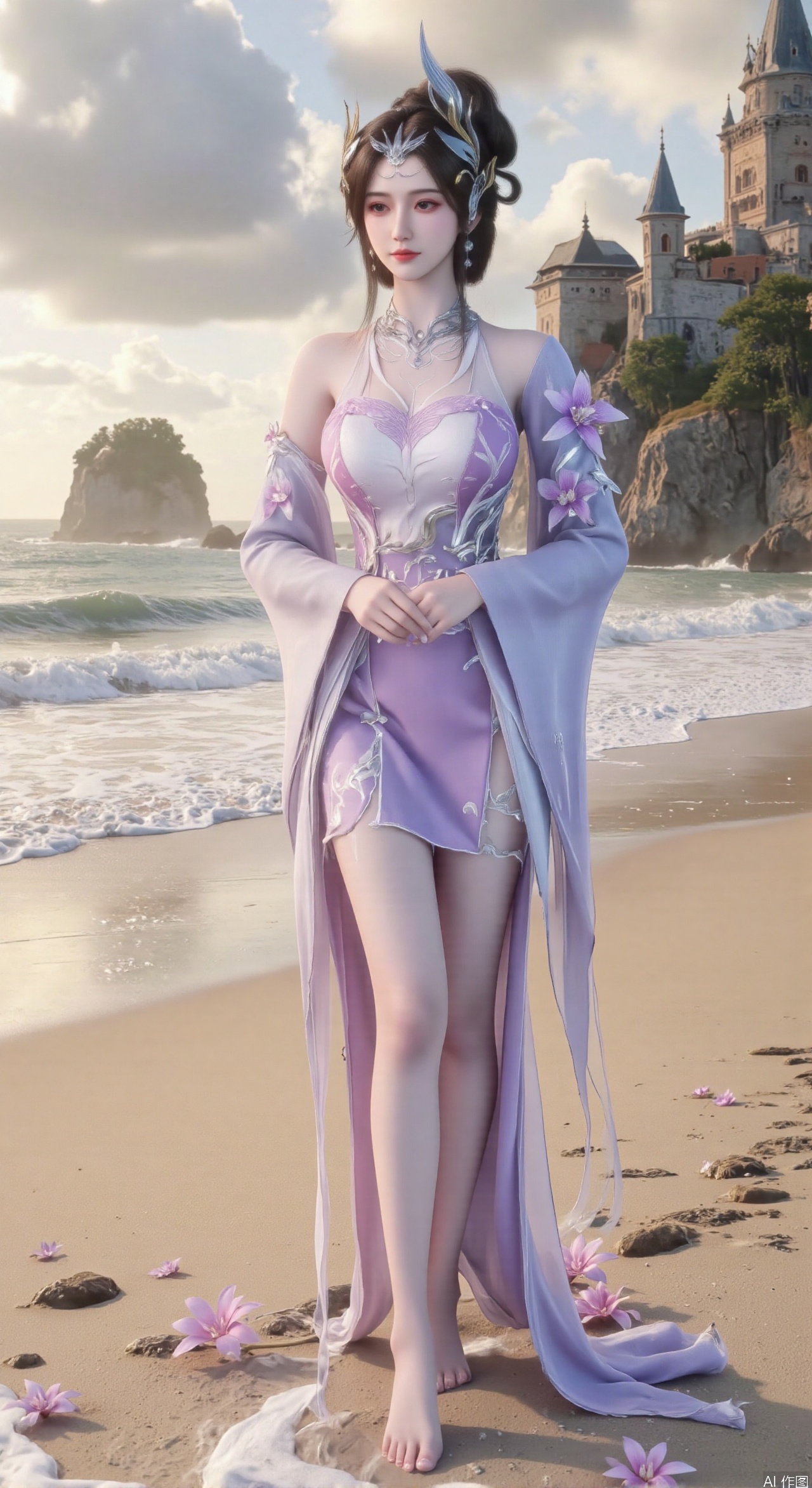  SFW,(masterpiece:1.2),best quality,3d anime style, cg,absurdres,masterpiece,original,extremely detailed wallpaper,perfect lighting,official art, A young woman in embroidered qipao standing barefoot on golden sandy beach, colorful flowers around feet, ocean waves washing over feet, white medieval castle with pointed towers resembling Neuschwanstein Castle perched on steep cliff in background, golden sunset rays piercing through clouds, ultra-wide angle composition with detailed foreground sand textures, dynamic mid-shot of figure interacting with waves, three-dimensional castle structure in background, high saturation colors, 8K resolution, precise depth of field control, HDR lighting, surreal elements blended with photorealistic details, realistic water reflections, intricate silk fabric texture, castle floating in mist atmosphere,(huge breasts:2.99),(full breasts:2.99),Xhenge,Xshisanyi