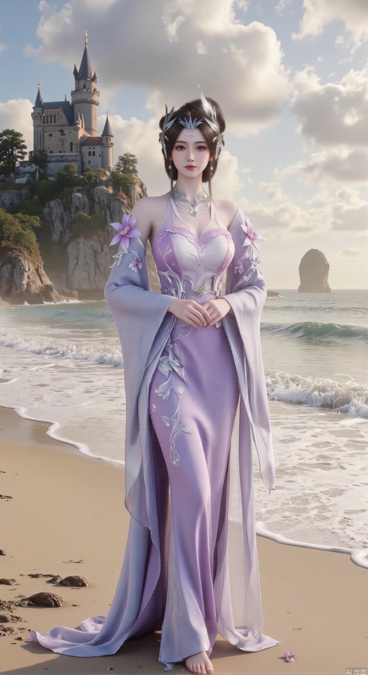  SFW,(masterpiece:1.2),best quality,3d anime style, cg,absurdres,masterpiece,original,extremely detailed wallpaper,perfect lighting,official art, A young woman in embroidered qipao standing barefoot on golden sandy beach, colorful flowers around feet, ocean waves washing over feet, white medieval castle with pointed towers resembling Neuschwanstein Castle perched on steep cliff in background, golden sunset rays piercing through clouds, ultra-wide angle composition with detailed foreground sand textures, dynamic mid-shot of figure interacting with waves, three-dimensional castle structure in background, high saturation colors, 8K resolution, precise depth of field control, HDR lighting, surreal elements blended with photorealistic details, realistic water reflections, intricate silk fabric texture, castle floating in mist atmosphere,(huge breasts:2.99),(full breasts:2.99),Xhenge,Xshisanyi