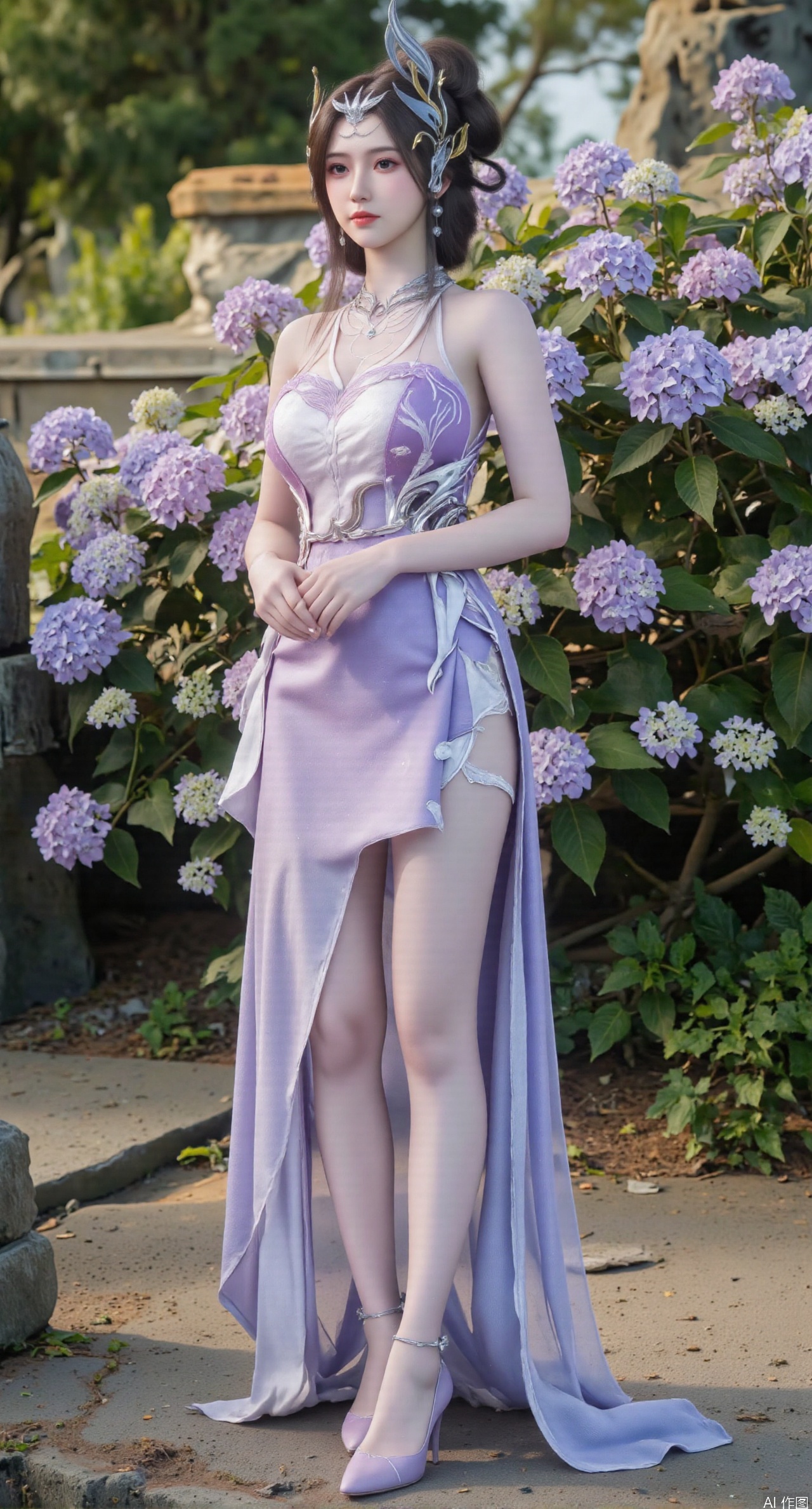 SFW,(masterpiece:1.2),best quality,absurdres,masterpiece,original,extremely detailed wallpaper,perfect lighting,1girl,solo,looking at viewer,(cowboy_shot:1.3),long hair,high heels,blurry background,depth of field,motion blur,(long dress:1.23),china_dress,chinese_style,bare shouders,crystal_earrings,headpiece,hair_tie,chest_jewel,gem,necklace,jewelry,in summer,day,outdoors,nature,garden,,(standing,Hydrangea, Hydrangea Field:1.59),(huge breasts:2.99),(full breasts:2.99),,Xzhihua,Xsiyouyou,Xyanruyu,Xmoxiaonan,Xyeqingxian,large natural breast,soft breasts,Xanmiaoyi,Xyunwangshu,XlishaoyinY,Xbaixue,XanmiaoyiY,Xxiuqiuhua