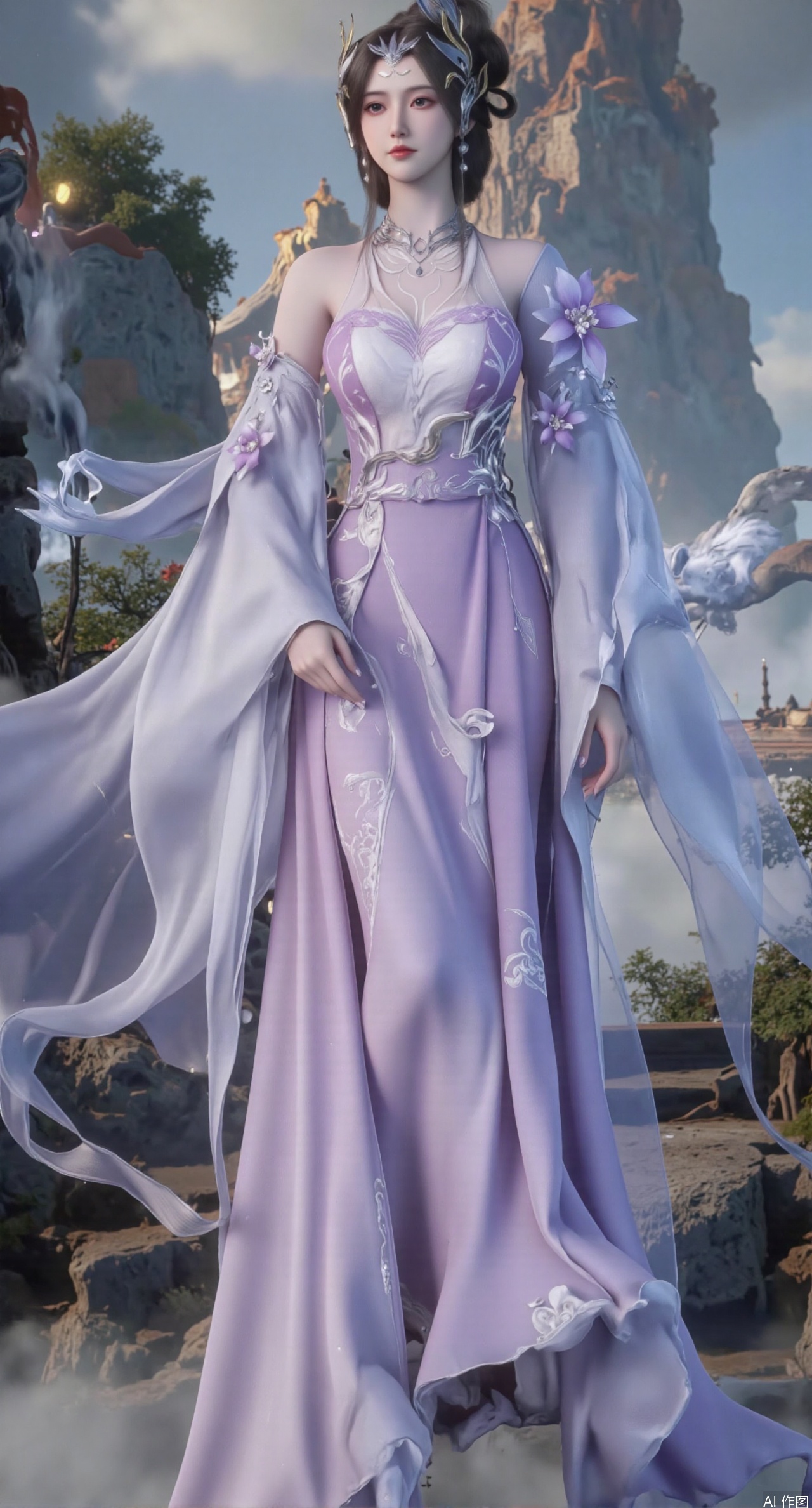  SFW,(masterpiece:1.2),best quality,1girl,solo,long hair,long dress,celestial maiden in flowing tulle gown levitates above lotus pond, ethereal mist trails from hair ribbons, mythical Penglai paradise emerges through clouds with glowing pavilions, translucent bioluminescent lotus blooms, flock of cranes gliding over water surface, ultra HD with soft 3D rendering, morning light filters through mist, falling petal rain, intricate details on scale-patterned fabric and lotus veins.(huge breasts:2.99),(full breasts:2.99),Xzhihua,Xsiyouyou,Xyanruyu,Xmoxiaonan,Xyeqingxian,large natural breast,soft breasts,Xanmiaoyi,Xyunwangshu,XlishaoyinY,Xbaixue,XanmiaoyiY