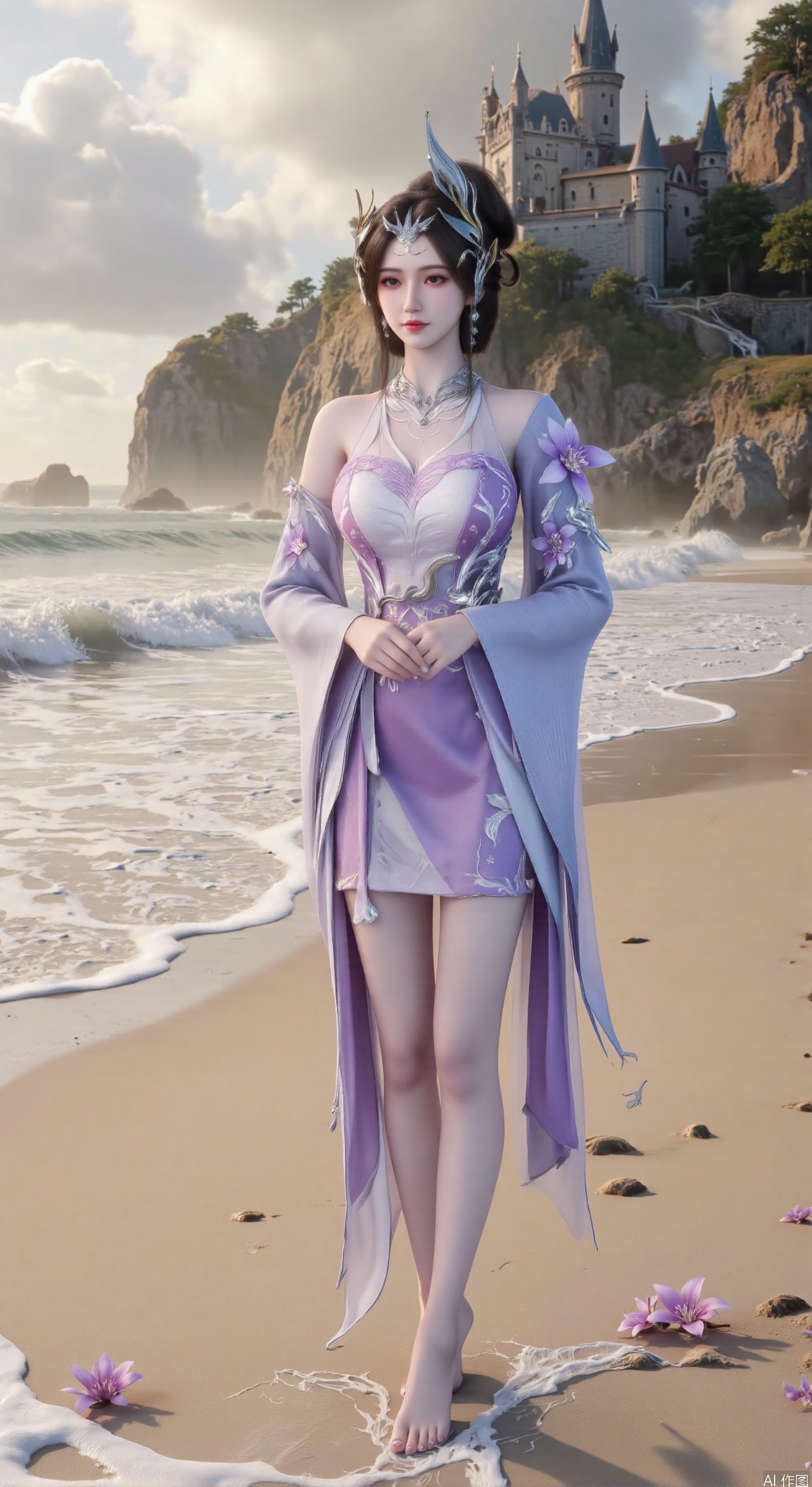  SFW,(masterpiece:1.2),best quality,3d anime style, cg,absurdres,masterpiece,original,extremely detailed wallpaper,perfect lighting,official art, A young woman in embroidered qipao standing barefoot on golden sandy beach, colorful flowers around feet, ocean waves washing over feet, white medieval castle with pointed towers resembling Neuschwanstein Castle perched on steep cliff in background, golden sunset rays piercing through clouds, ultra-wide angle composition with detailed foreground sand textures, dynamic mid-shot of figure interacting with waves, three-dimensional castle structure in background, high saturation colors, 8K resolution, precise depth of field control, HDR lighting, surreal elements blended with photorealistic details, realistic water reflections, intricate silk fabric texture, castle floating in mist atmosphere,(huge breasts:2.99),(full breasts:2.99),Xhenge,Xshisanyi