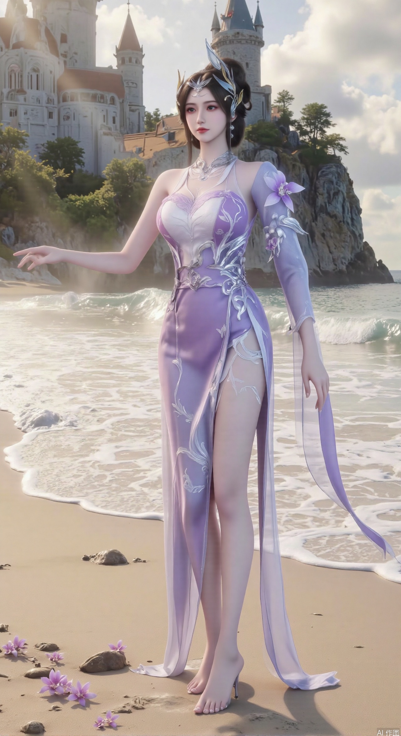  SFW,(masterpiece:1.2),best quality,3d anime style, cg,absurdres,masterpiece,original,extremely detailed wallpaper,perfect lighting,official art, A young woman in embroidered qipao standing barefoot on golden sandy beach, colorful flowers around feet, ocean waves washing over feet, white medieval castle with pointed towers resembling Neuschwanstein Castle perched on steep cliff in background, golden sunset rays piercing through clouds, ultra-wide angle composition with detailed foreground sand textures, dynamic mid-shot of figure interacting with waves, three-dimensional castle structure in background, high saturation colors, 8K resolution, precise depth of field control, HDR lighting, surreal elements blended with photorealistic details, realistic water reflections, intricate silk fabric texture, castle floating in mist atmosphere,(huge breasts:2.99),(full breasts:2.99),Xhenge,Xshisanyi