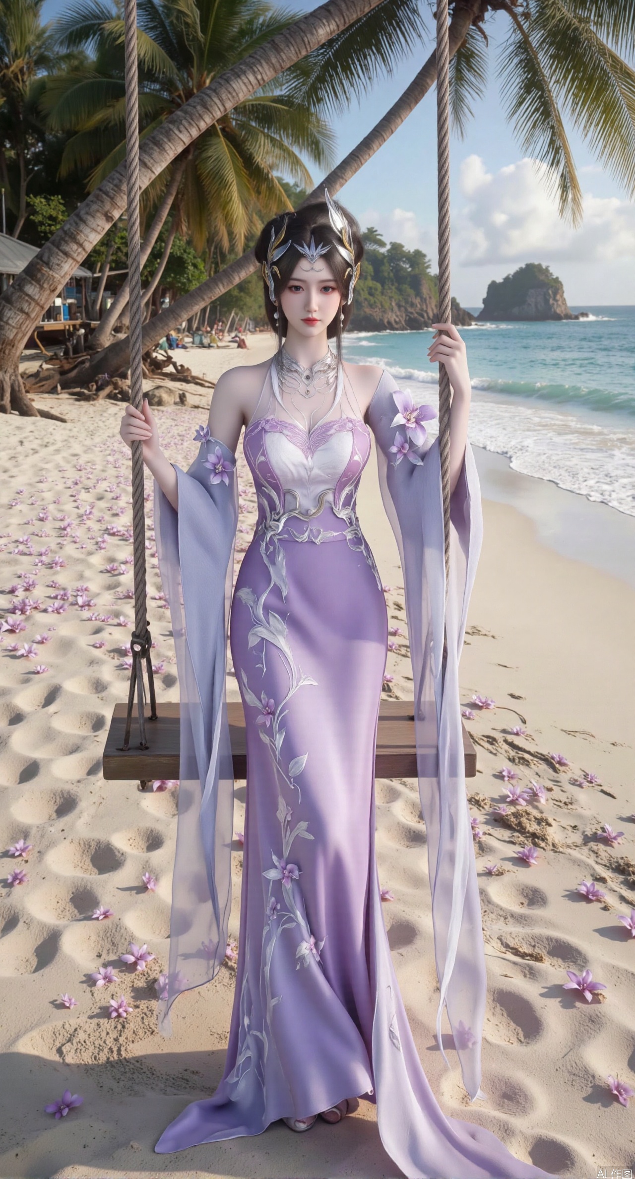  SSFW,(masterpiece:1.2),best quality,absurdres,masterpiece,original,extremely detailed wallpaper,perfect lighting,Golden sandy beach covered with vibrant flowers, turquoise waves gently lapping the shore, elegant woman in embroidered qipao swinging on a wooden swing under coconut trees, bright flower clusters spreading from sand to palm tree roots, soft natural light filtering through coconut leaves, ocean breeze lifting hair and qipao hem, high-resolution details showcasing petal textures and silk fabric sheen, ultra-wide angle lens capturing coastline panorama, cinematic color grading with soft focus on the central figure,(huge breasts:2.99),(full breasts:2.99),Xanmiaoyi,Xyunwangshu,XlishaoyinY,Xbaixue,XanmiaoyiY,Xxiuqiuhua,XbaiyuerongY