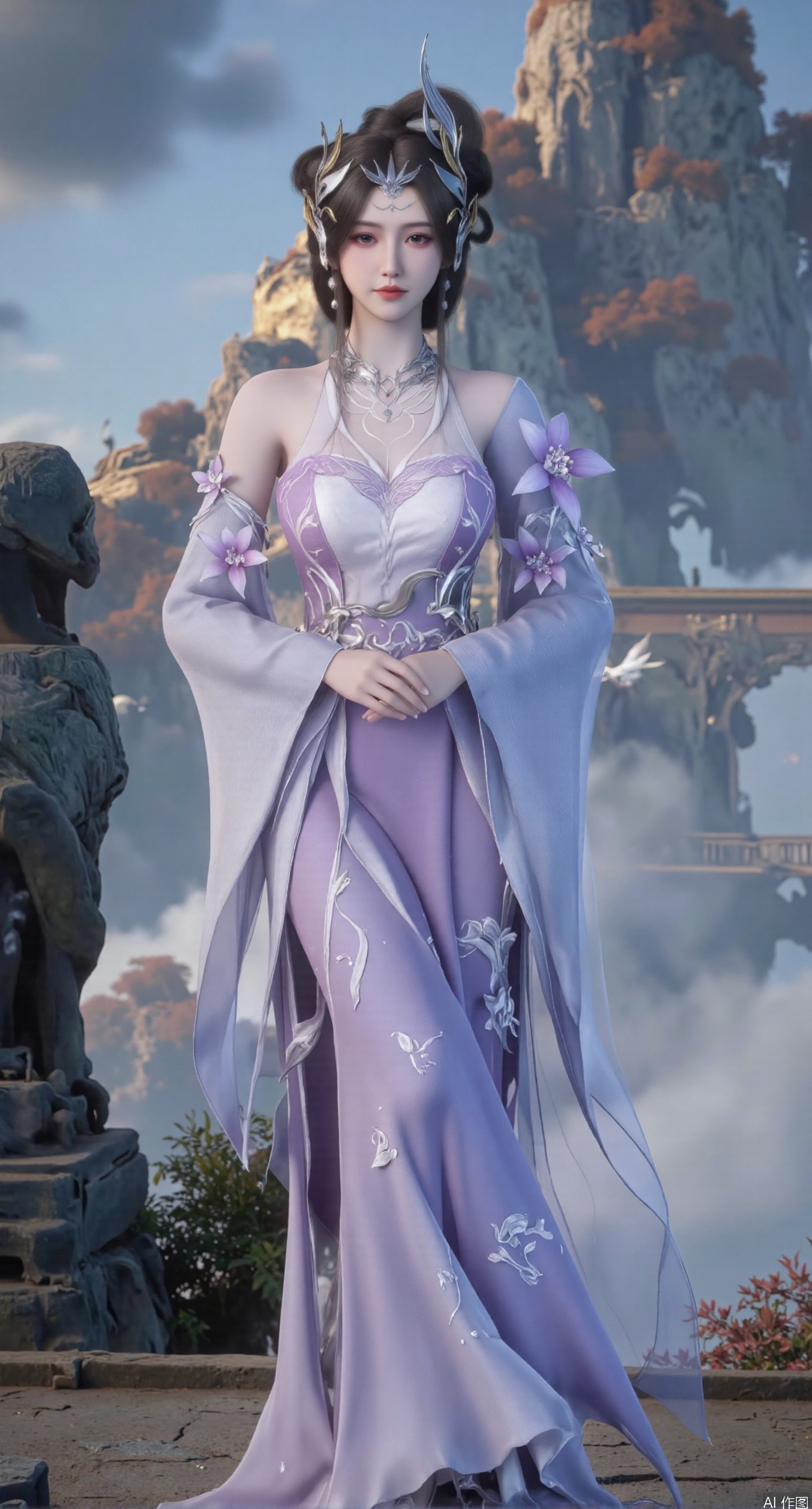  SFW,(masterpiece:1.2),best quality,1girl,solo,long hair,long dress,celestial maiden in flowing tulle gown levitates above lotus pond, ethereal mist trails from hair ribbons, mythical Penglai paradise emerges through clouds with glowing pavilions, translucent bioluminescent lotus blooms, flock of cranes gliding over water surface, ultra HD with soft 3D rendering, morning light filters through mist, falling petal rain, intricate details on scale-patterned fabric and lotus veins.(huge breasts:2.99),(full breasts:2.99),Xzhihua,Xsiyouyou,Xyanruyu,Xmoxiaonan,Xyeqingxian,large natural breast,soft breasts,Xanmiaoyi,Xyunwangshu,XlishaoyinY,Xbaixue,XanmiaoyiY