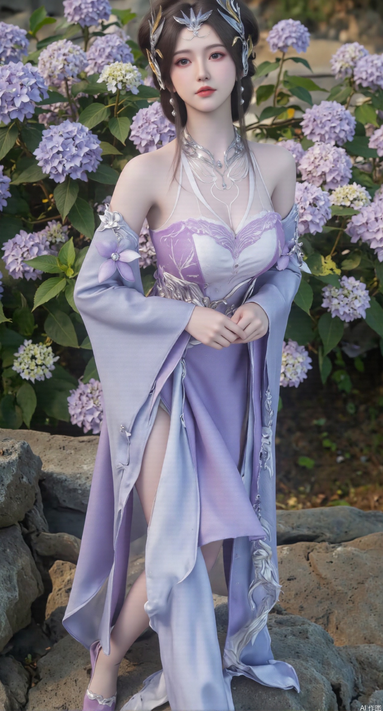 SFW,(masterpiece:1.2),best quality,absurdres,masterpiece,original,extremely detailed wallpaper,perfect lighting,1girl,solo,looking at viewer,(cowboy_shot:1.3),long hair,high heels,blurry background,depth of field,motion blur,(long dress:1.23),china_dress,chinese_style,bare shouders,crystal_earrings,headpiece,hair_tie,chest_jewel,gem,necklace,jewelry,in summer,day,outdoors,nature,garden,,(standing,Hydrangea, Hydrangea Field:1.59),(huge breasts:2.99),(full breasts:2.99),,Xzhihua,Xsiyouyou,Xyanruyu,Xmoxiaonan,Xyeqingxian,large natural breast,soft breasts,Xanmiaoyi,Xyunwangshu,XlishaoyinY,Xbaixue,XanmiaoyiY,Xxiuqiuhua