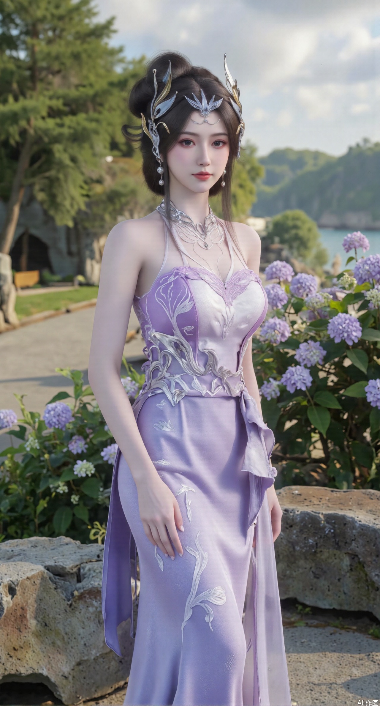 SFW,(masterpiece:1.2),best quality,absurdres,masterpiece,original,extremely detailed wallpaper,perfect lighting,1girl,solo,looking at viewer,(cowboy_shot:1.3),long hair,high heels,blurry background,depth of field,motion blur,(long dress:1.23),china_dress,chinese_style,bare shouders,crystal_earrings,headpiece,hair_tie,chest_jewel,gem,necklace,jewelry,in summer,day,outdoors,nature,garden,,(standing,Hydrangea, Hydrangea Field:1.59),(huge breasts:2.99),(full breasts:2.99),,Xzhihua,Xsiyouyou,Xyanruyu,Xmoxiaonan,Xyeqingxian,large natural breast,soft breasts,Xanmiaoyi,Xyunwangshu,XlishaoyinY,Xbaixue,XanmiaoyiY,Xxiuqiuhua