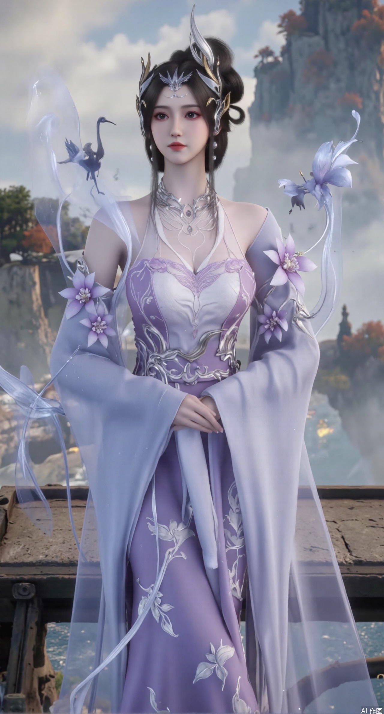  SFW,(masterpiece:1.2),best quality,1girl,solo,long hair,long dress,celestial maiden in flowing tulle gown levitates above lotus pond, ethereal mist trails from hair ribbons, mythical Penglai paradise emerges through clouds with glowing pavilions, translucent bioluminescent lotus blooms, flock of cranes gliding over water surface, ultra HD with soft 3D rendering, morning light filters through mist, falling petal rain, intricate details on scale-patterned fabric and lotus veins.(huge breasts:2.99),(full breasts:2.99),Xzhihua,Xsiyouyou,Xyanruyu,Xmoxiaonan,Xyeqingxian,large natural breast,soft breasts,Xanmiaoyi,Xyunwangshu,XlishaoyinY,Xbaixue,XanmiaoyiY