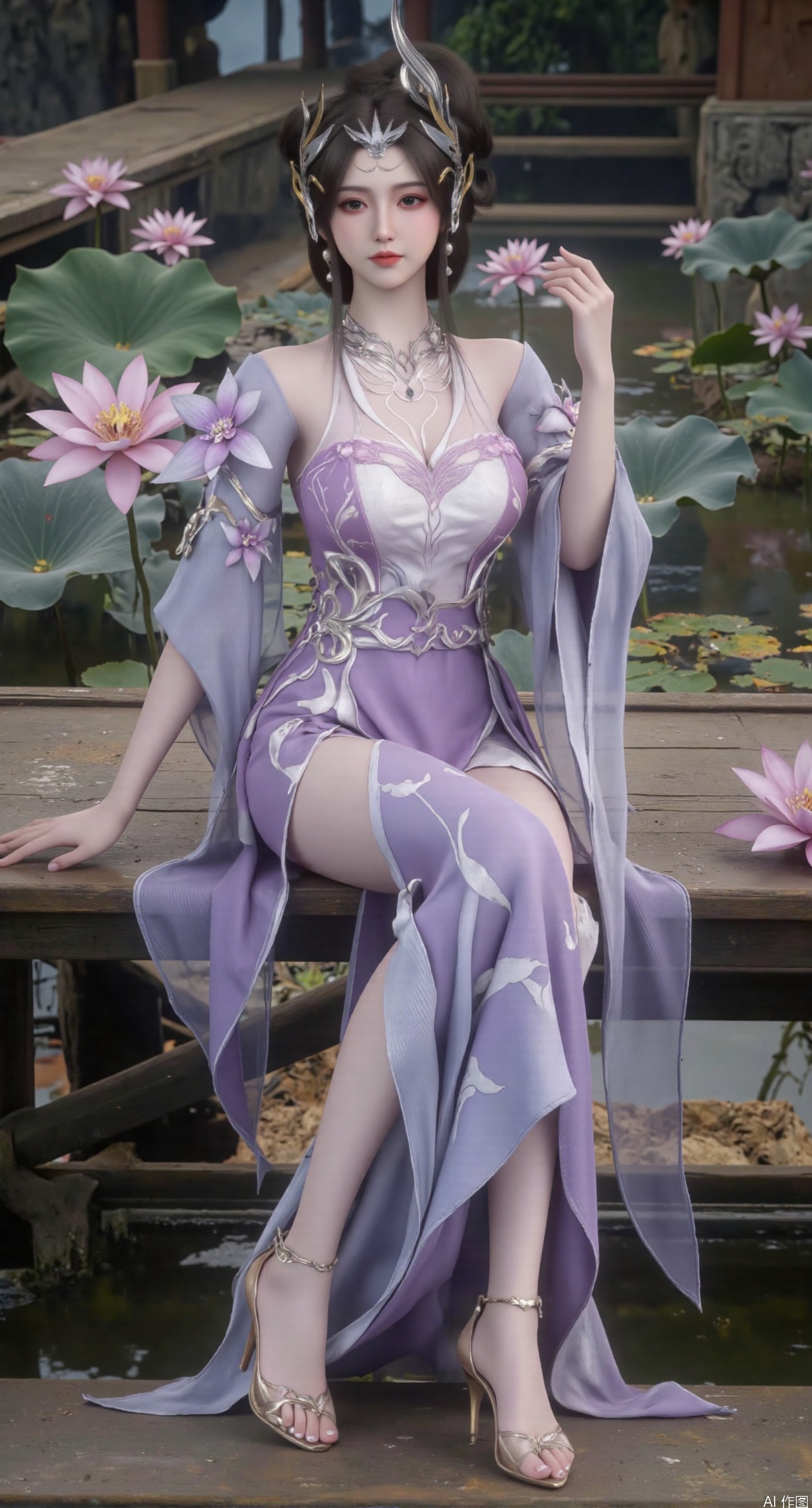  SFW,(masterpiece:1.2),best quality,The image is a digital illustration of a young woman sitting on a wooden bench in a pond with lily pads. She is wearing a long dress with design on the chest and sleeves. The dress has a high neckline and short sleeves,Holding a lotus in hand. She has long dark hair styled in loose waves and is wearing gold high heels. The woman is posing with one hand on her hip and the other resting on the edge of the bench. The background is filled with pink and white lotus flowers and green leaves. The overall mood of the image is peaceful and serene,(huge breasts:2.99),(full breasts:2.99),(Background with traditional Chinese architecture, lotus pond and pink lotus flowers:1.39),,Xanmiaoyi,Xyunwangshu,XlishaoyinY,Xbaixue,XanmiaoyiY,Xxiuqiuhua,XbaiyuerongY