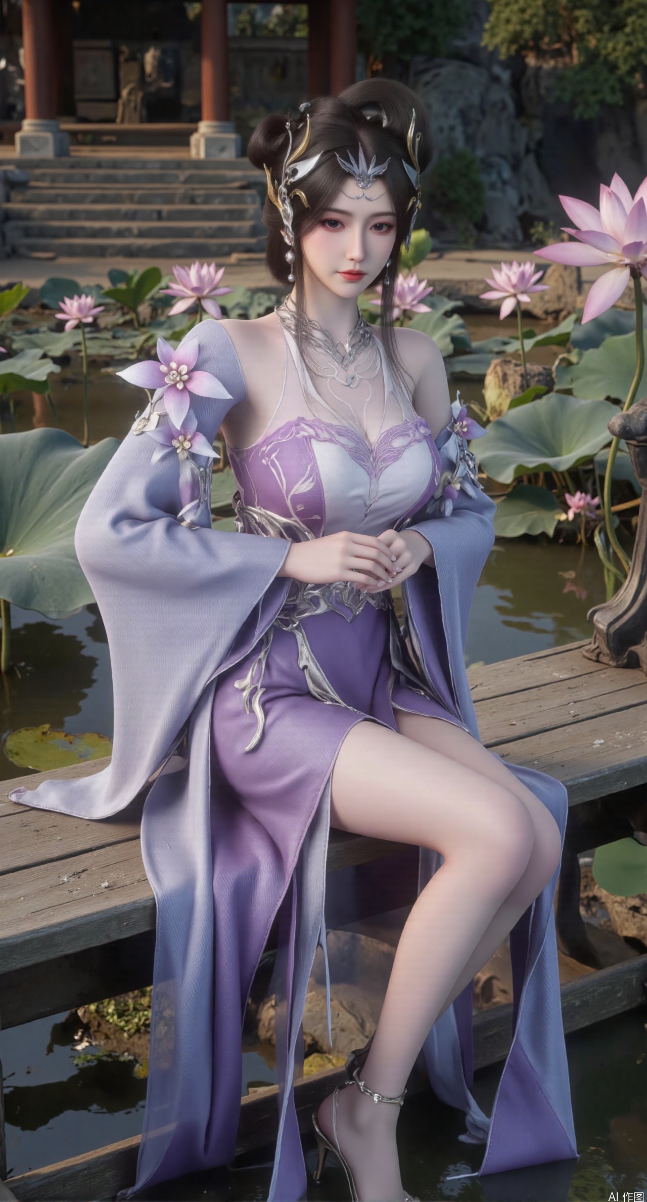  SFW,(masterpiece:1.2),best quality,The image is a digital illustration of a young woman sitting on a wooden bench in a pond with lily pads. She is wearing a long dress with design on the chest and sleeves. The dress has a high neckline and short sleeves,Holding a lotus in hand. She has long dark hair styled in loose waves and is wearing gold high heels. The woman is posing with one hand on her hip and the other resting on the edge of the bench. The background is filled with pink and white lotus flowers and green leaves. The overall mood of the image is peaceful and serene,(huge breasts:2.99),(full breasts:2.99),(Background with traditional Chinese architecture, lotus pond and pink lotus flowers:1.39),,Xanmiaoyi,Xyunwangshu,XlishaoyinY,Xbaixue,XanmiaoyiY,Xxiuqiuhua,XbaiyuerongY