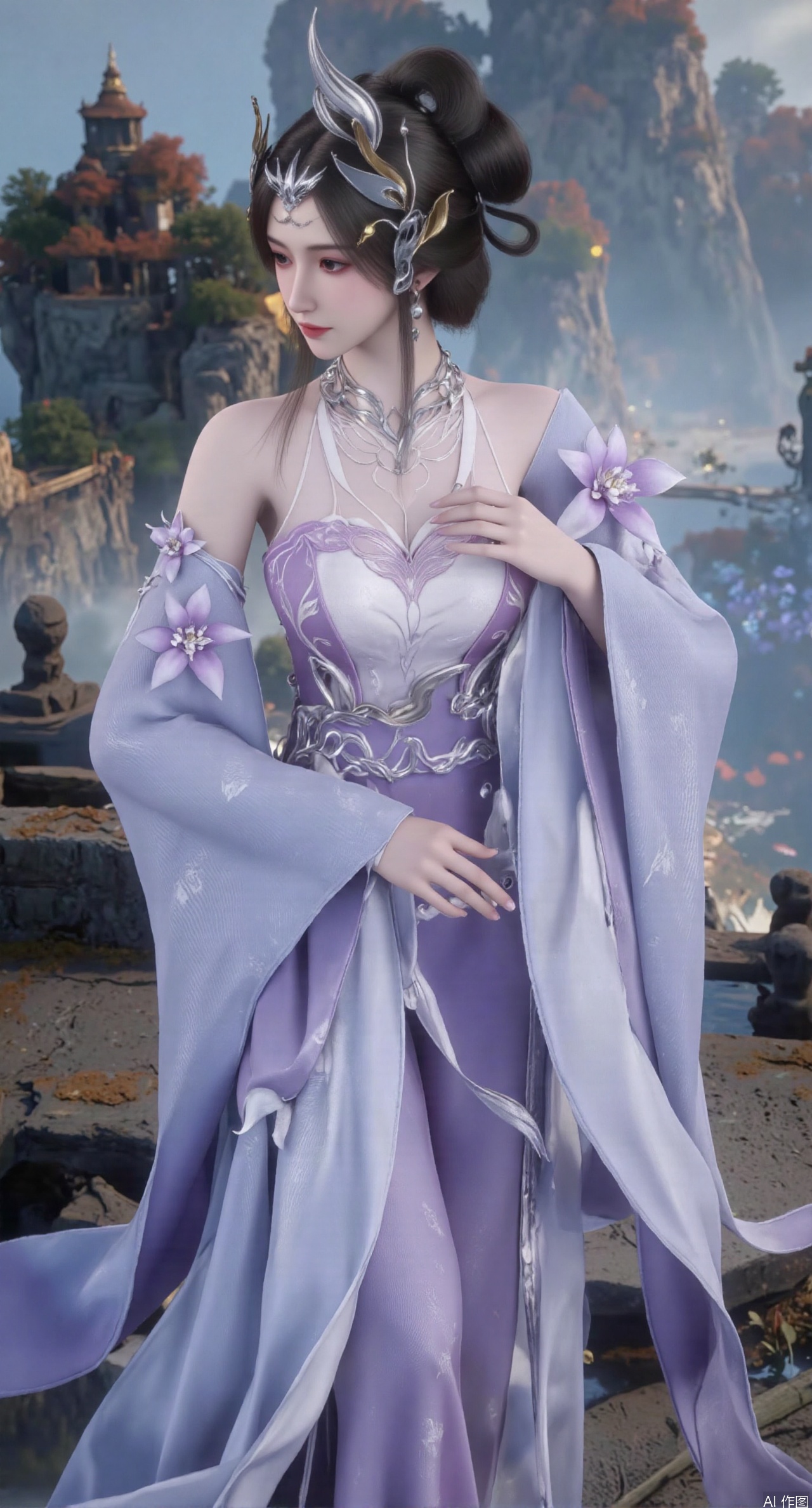  SFW,(masterpiece:1.2),best quality,1girl,solo,long hair,long dress,celestial maiden in flowing tulle gown levitates above lotus pond, ethereal mist trails from hair ribbons, mythical Penglai paradise emerges through clouds with glowing pavilions, translucent bioluminescent lotus blooms, flock of cranes gliding over water surface, ultra HD with soft 3D rendering, morning light filters through mist, falling petal rain, intricate details on scale-patterned fabric and lotus veins.(huge breasts:2.99),(full breasts:2.99),Xzhihua,Xsiyouyou,Xyanruyu,Xmoxiaonan,Xyeqingxian,large natural breast,soft breasts,Xanmiaoyi,Xyunwangshu,XlishaoyinY,Xbaixue,XanmiaoyiY