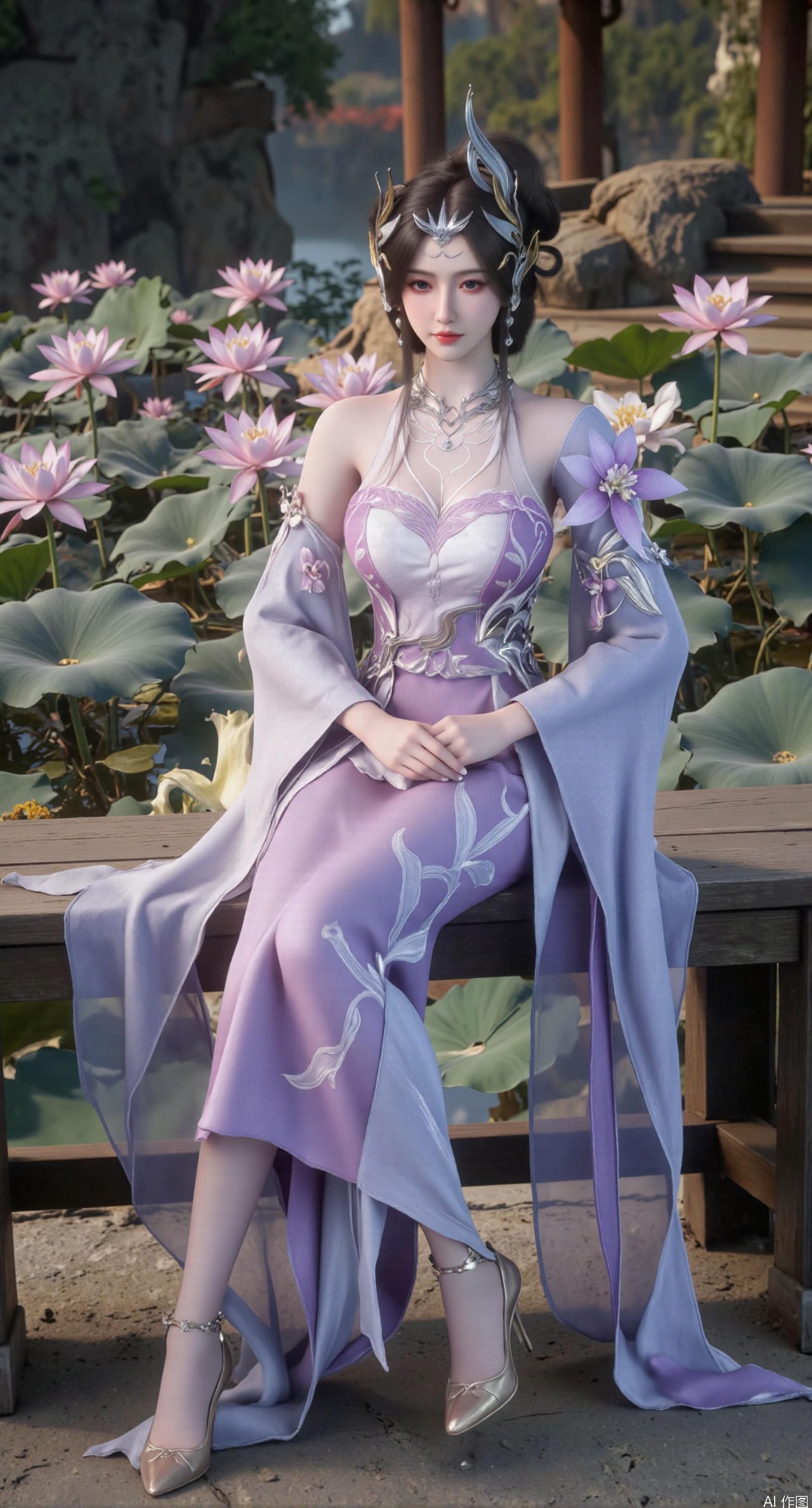  SFW,(masterpiece:1.2),best quality,The image is a digital illustration of a young woman sitting on a wooden bench in a pond with lily pads. She is wearing a long dress with design on the chest and sleeves. The dress has a high neckline and short sleeves,Holding a lotus in hand. She has long dark hair styled in loose waves and is wearing gold high heels. The woman is posing with one hand on her hip and the other resting on the edge of the bench. The background is filled with pink and white lotus flowers and green leaves. The overall mood of the image is peaceful and serene,(huge breasts:2.99),(full breasts:2.99),(Background with traditional Chinese architecture, lotus pond and pink lotus flowers:1.39),,Xanmiaoyi,Xyunwangshu,XlishaoyinY,Xbaixue,XanmiaoyiY,Xxiuqiuhua,XbaiyuerongY