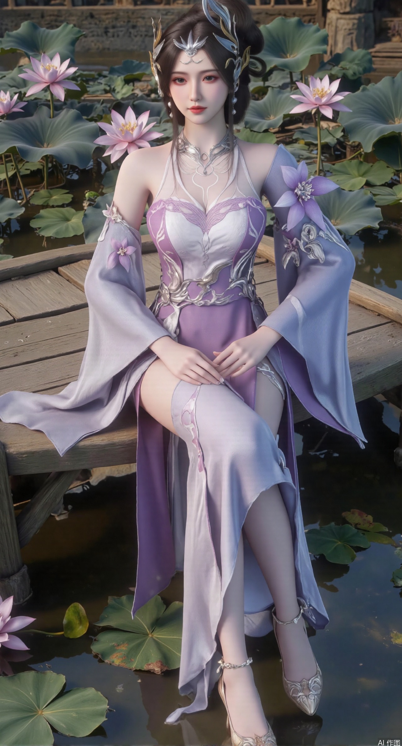  SFW,(masterpiece:1.2),best quality,The image is a digital illustration of a young woman sitting on a wooden bench in a pond with lily pads. She is wearing a long dress with design on the chest and sleeves. The dress has a high neckline and short sleeves,Holding a lotus in hand. She has long dark hair styled in loose waves and is wearing gold high heels. The woman is posing with one hand on her hip and the other resting on the edge of the bench. The background is filled with pink and white lotus flowers and green leaves. The overall mood of the image is peaceful and serene,(huge breasts:2.99),(full breasts:2.99),(Background with traditional Chinese architecture, lotus pond and pink lotus flowers:1.39),,Xanmiaoyi,Xyunwangshu,XlishaoyinY,Xbaixue,XanmiaoyiY,Xxiuqiuhua,XbaiyuerongY