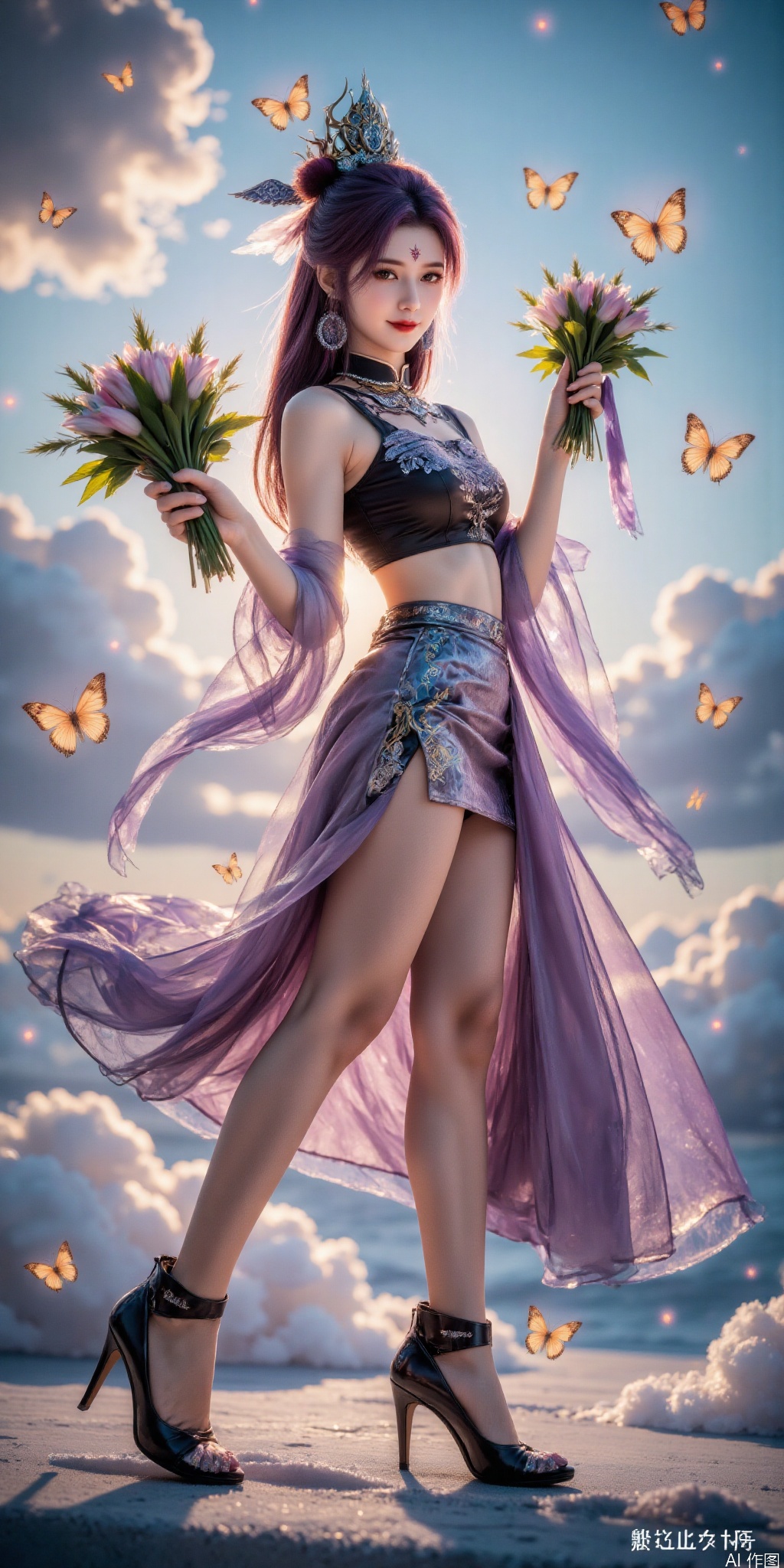 surreal warm cinematic full body shot photography, Kodak Professional Portra 160, 1girl,looking_at_viewer,navel,,exquisite diamond-encrusted high heels, ,kind smile,. , argyle legwear,star \(symbol\),super long legs, ,realistic,,pose for picture,Dynamic posture, ,良好解剖结构,真人肌肤纹理, 4K画质,完美身材,
The image depicts a serene and ethereal scene with a woman standing amidst a cloud-filled sky. She is dressed in a flowing, Short tops and skirts adorned with intricate gold patterns,
giving her an otherworldly and regal appearance. Her long, hair cascades down her back, 
and she holds a bunch of flowers  , which extends upwards and is illuminated by a radiant light. Surrounding her are numerous butterflies, their delicate wings shimmering in the soft light. The background consists of a sky filled with fluffy, white clouds, creating a dreamy and mystical atmosphere. The overall composition exudes a sense of tranquility and otherworldly beauty.,siyouyou, purple hair, hair ornament,forehead mark